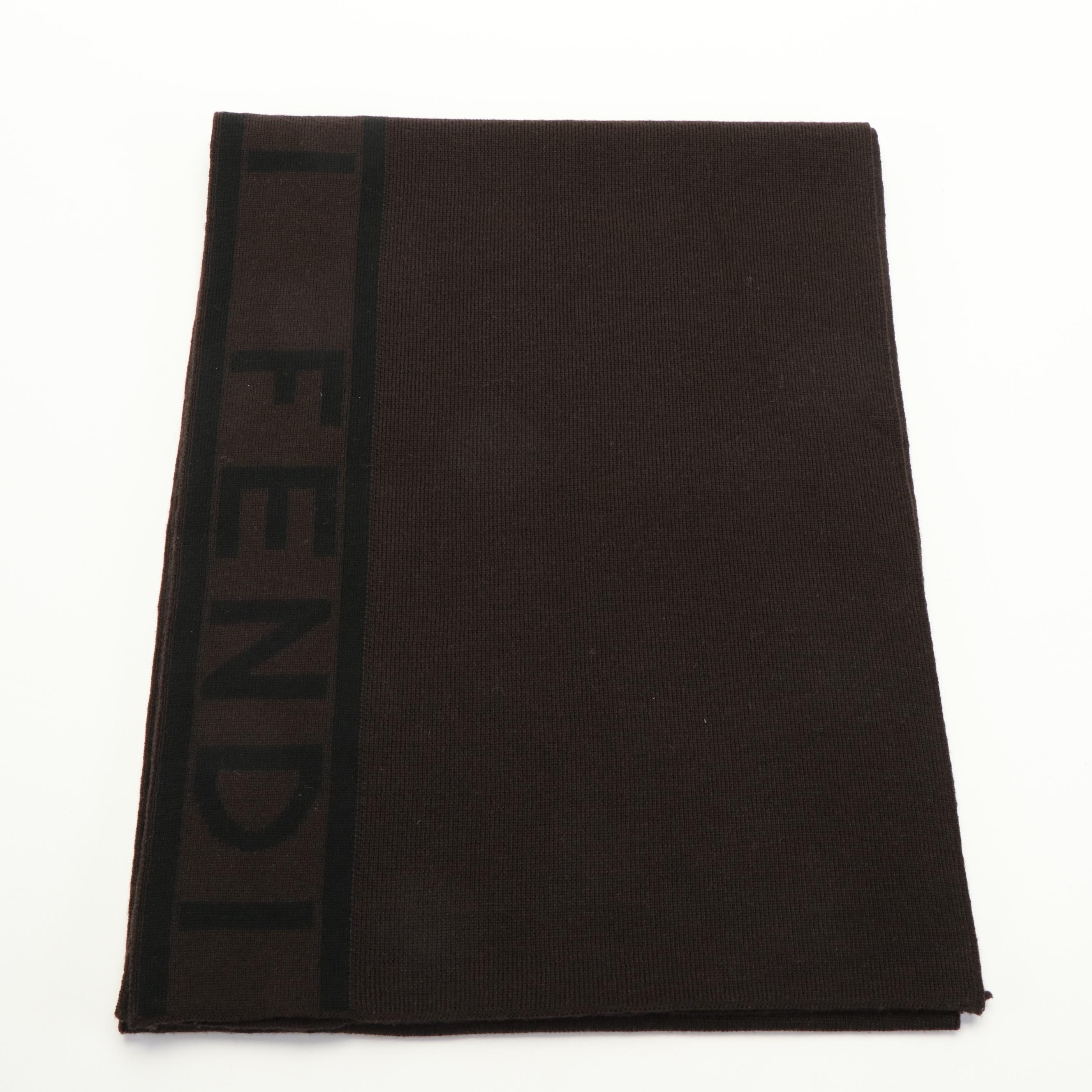 Fendi Logo Brown Wool Scarf