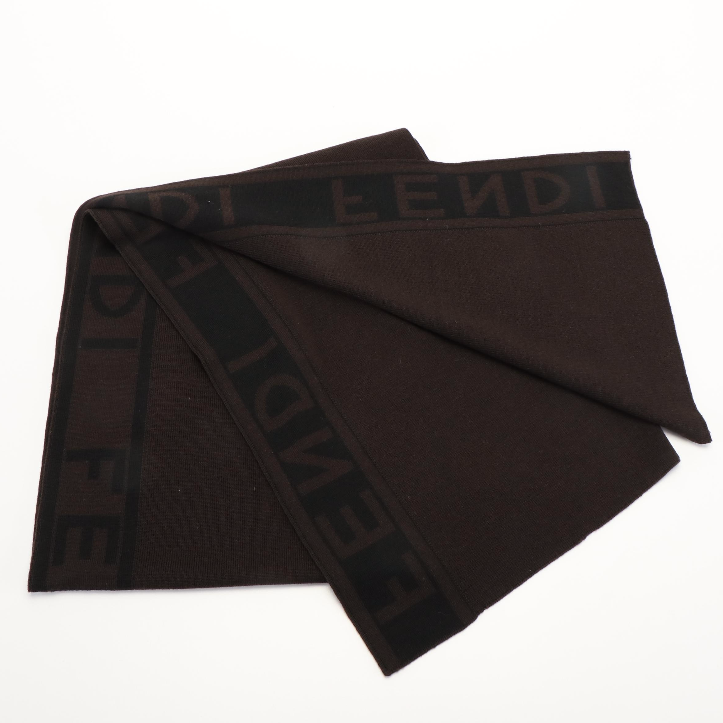 Fendi Logo Brown Wool Scarf