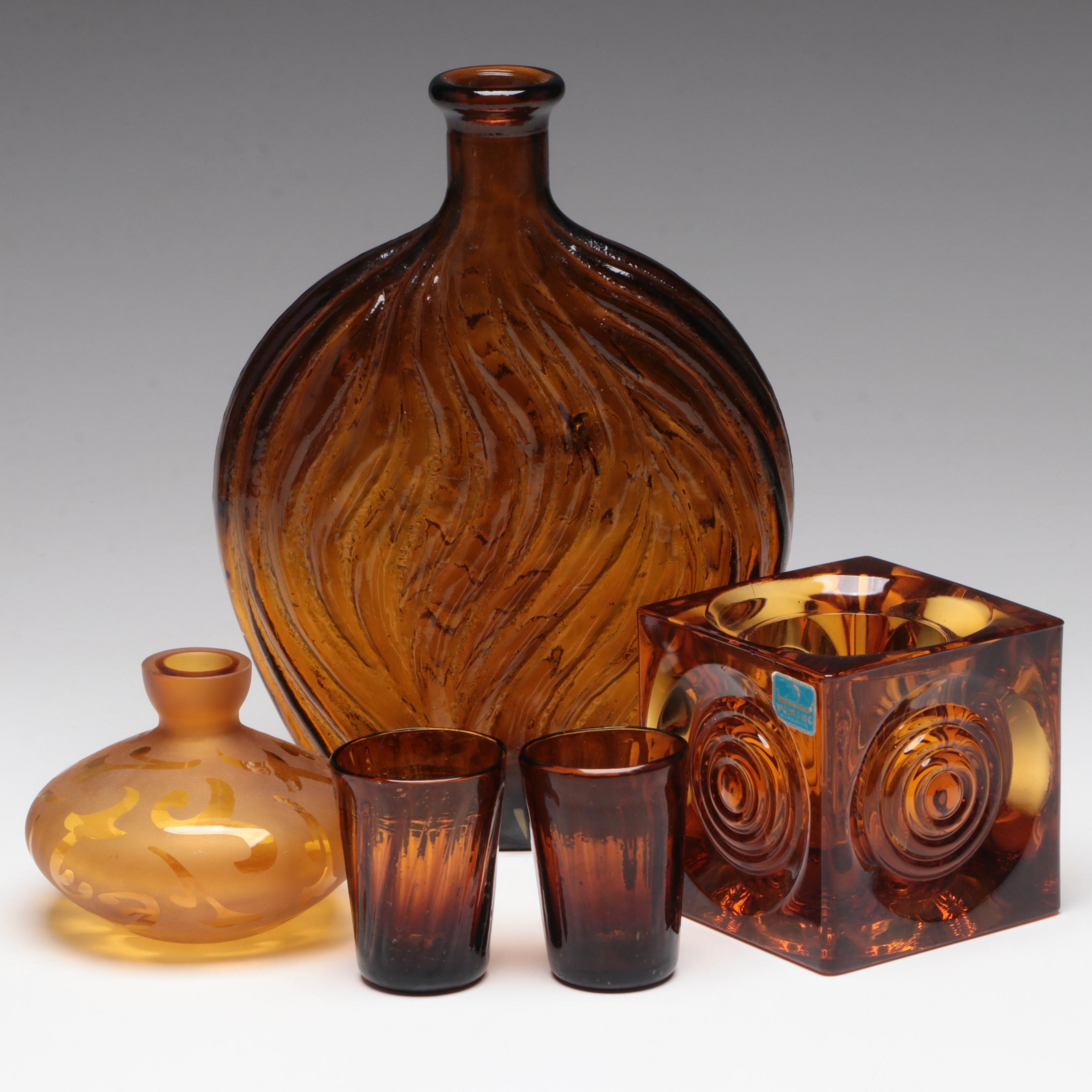 Viking "Bullseye" Candle Holder with Other Amber Glass Vases EBTH