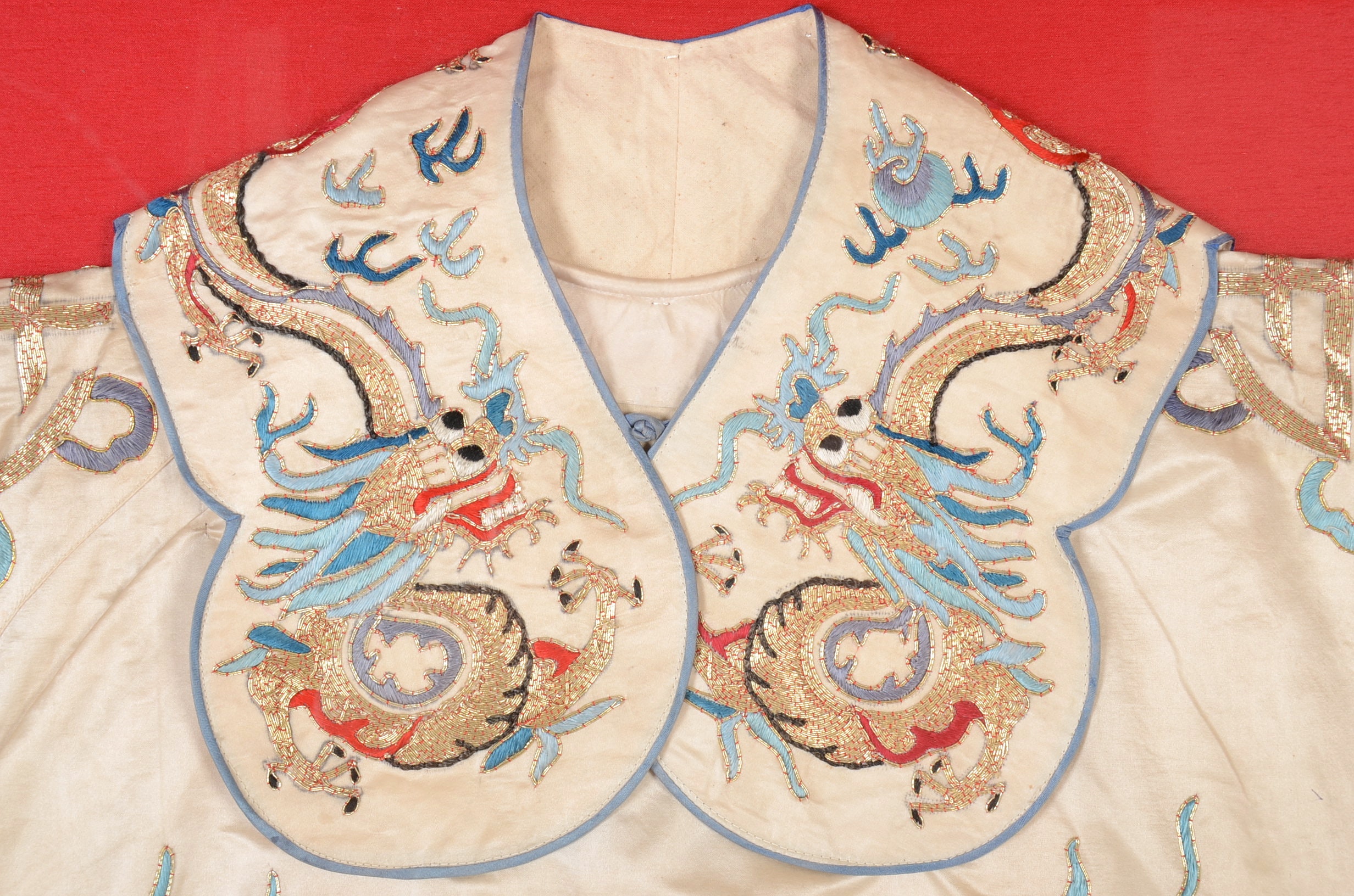 Chinese Five-Clawed Imperial Dragon Robe with Collar in Frame, Qing Dynasty
