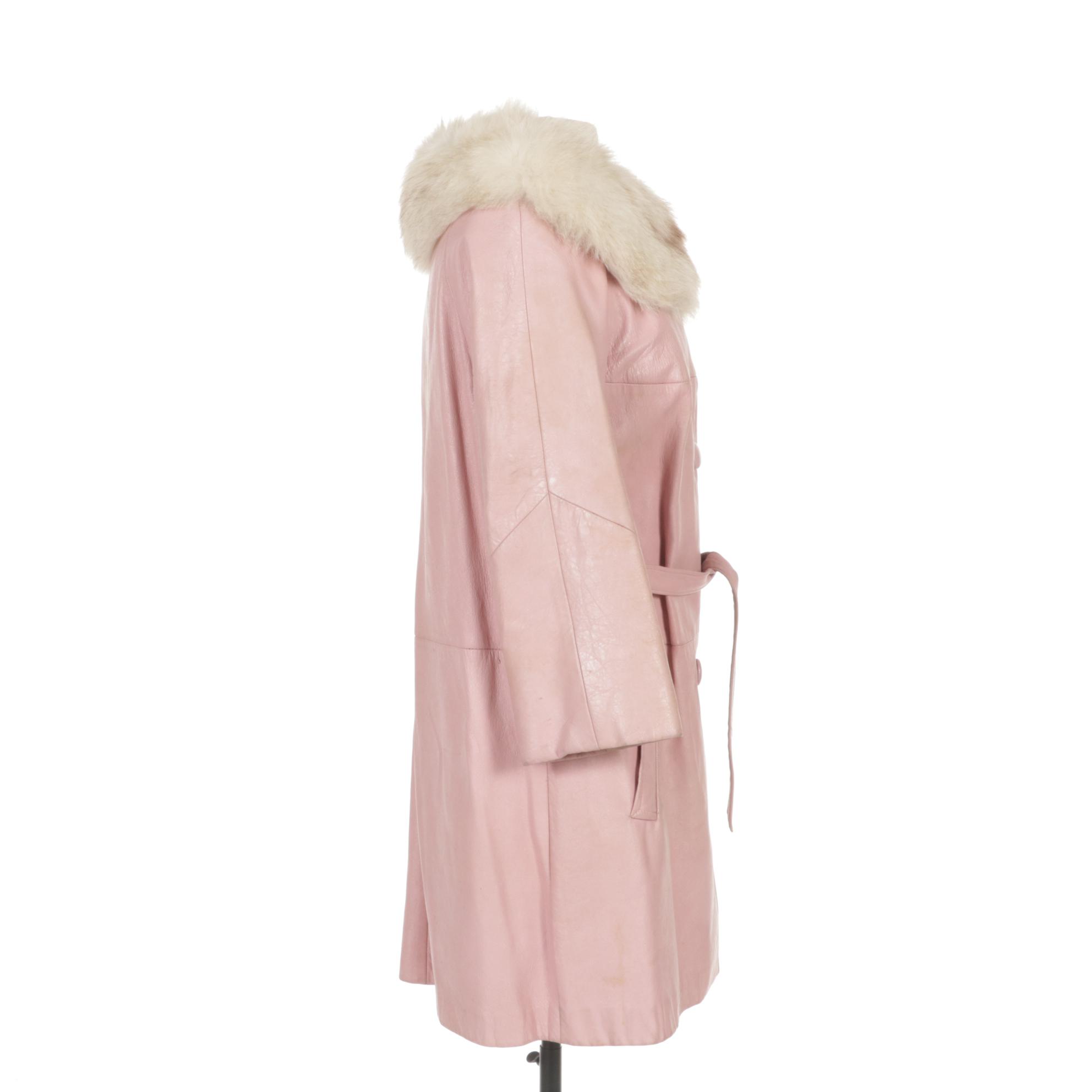 Rose Pink Leather Coat With Blonde Fox Collar