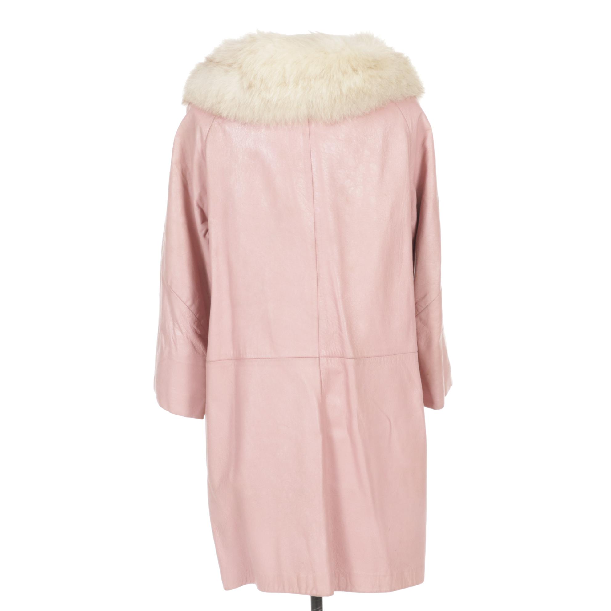 Rose Pink Leather Coat With Blonde Fox Collar