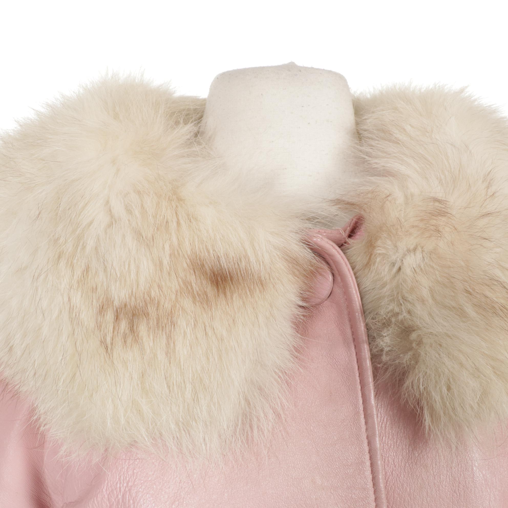 Rose Pink Leather Coat With Blonde Fox Collar