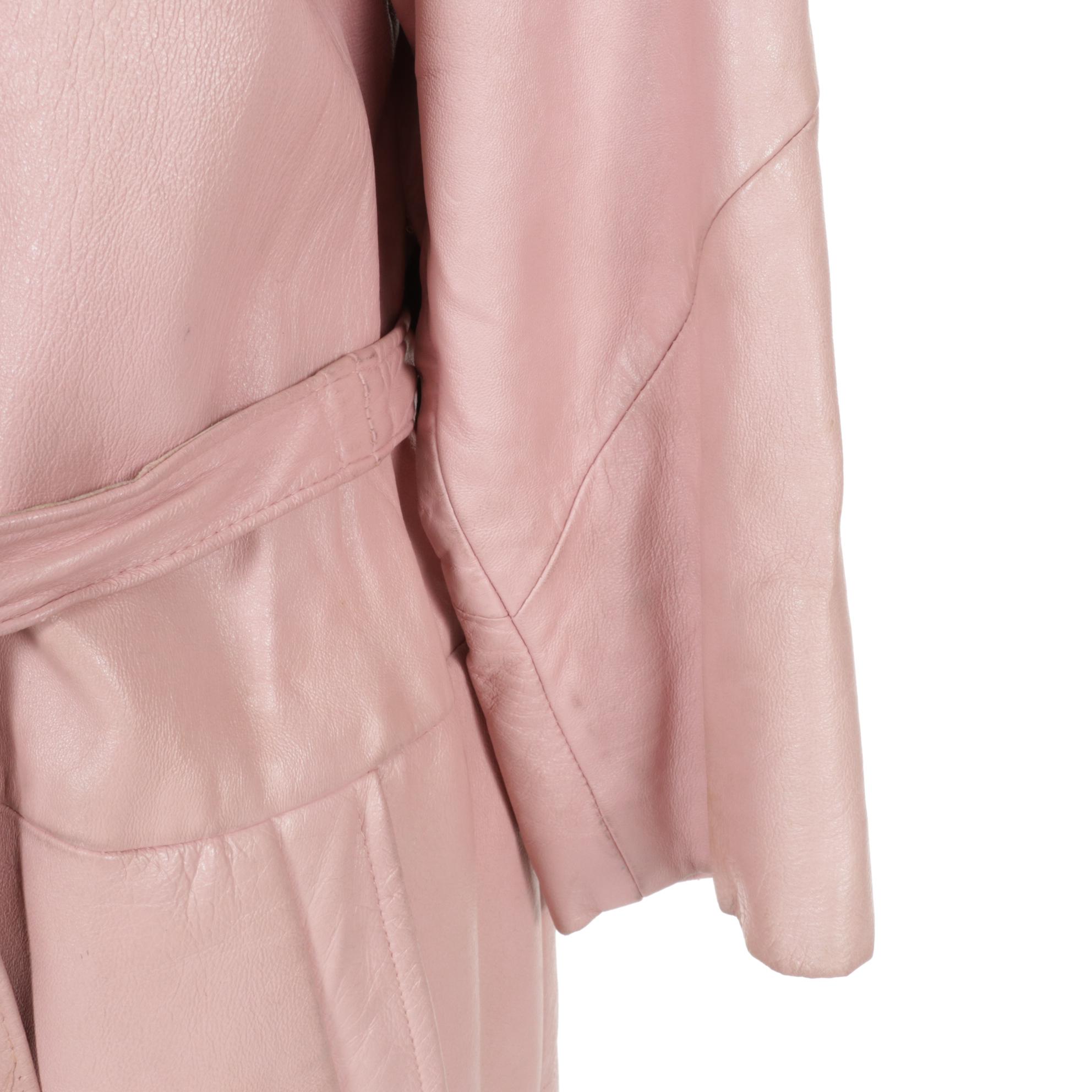 Rose Pink Leather Coat With Blonde Fox Collar