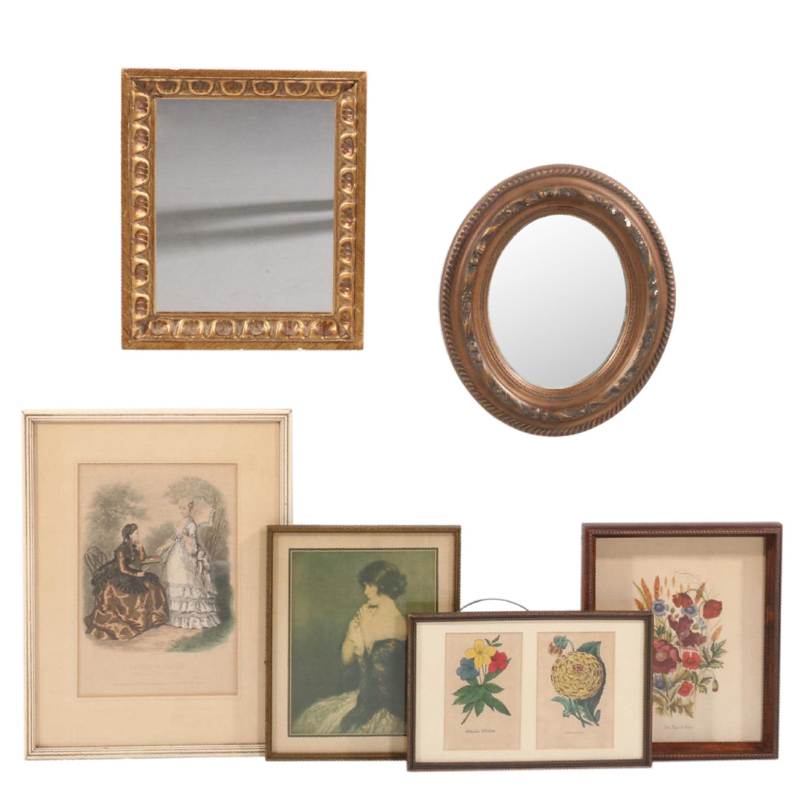 Victorian Style Wall Mirrors With  and Portrait and Botanical Prints