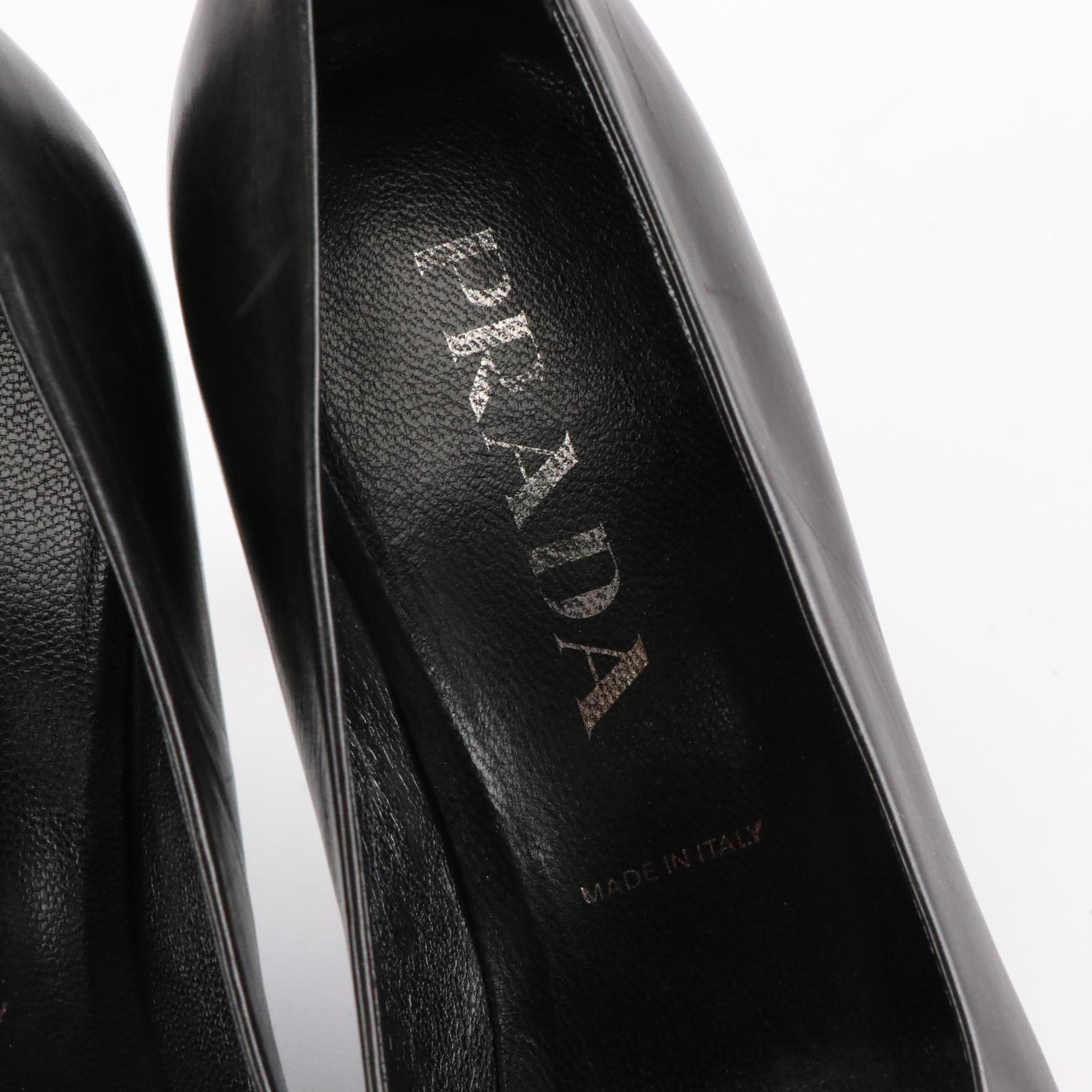 Prada Skinny Heel Almond Toe Pumps in Black Lambskin Leather