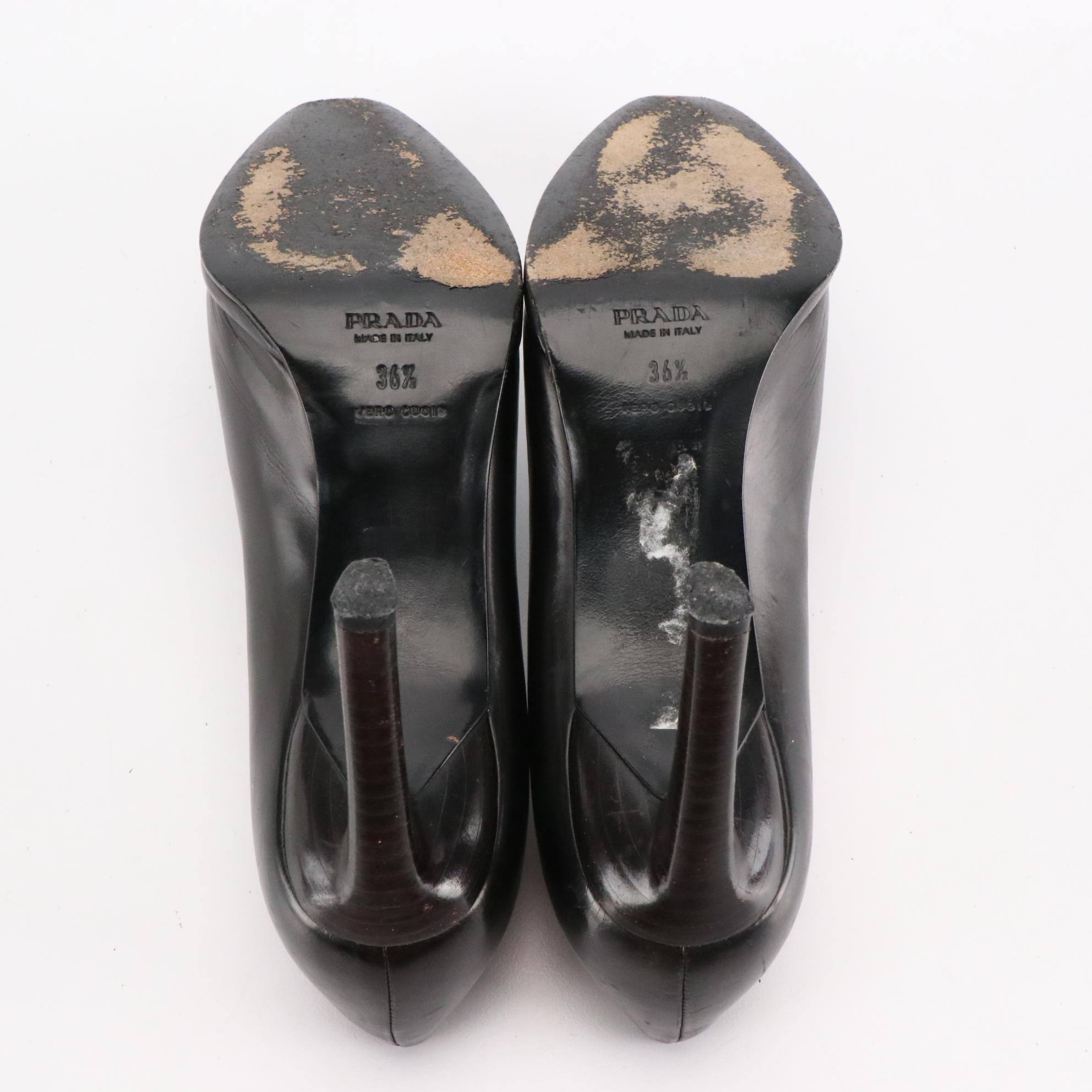 Prada Skinny Heel Almond Toe Pumps in Black Lambskin Leather