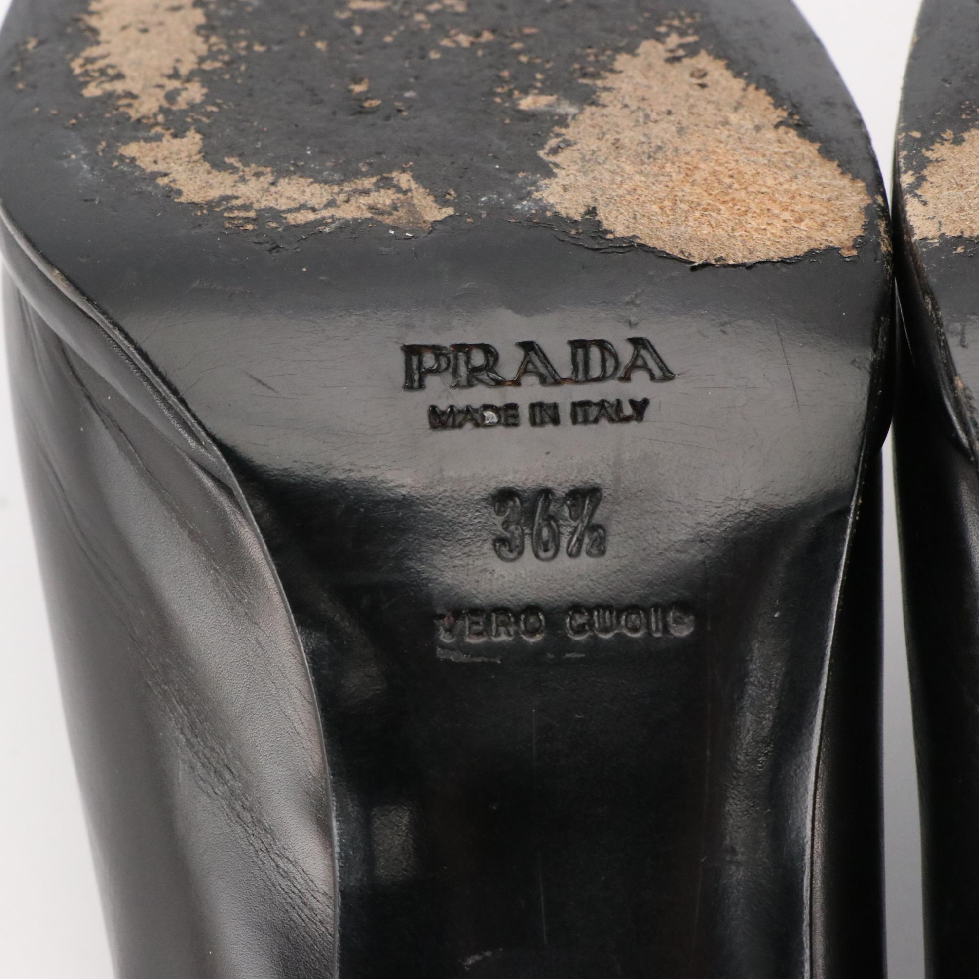 Prada Skinny Heel Almond Toe Pumps in Black Lambskin Leather