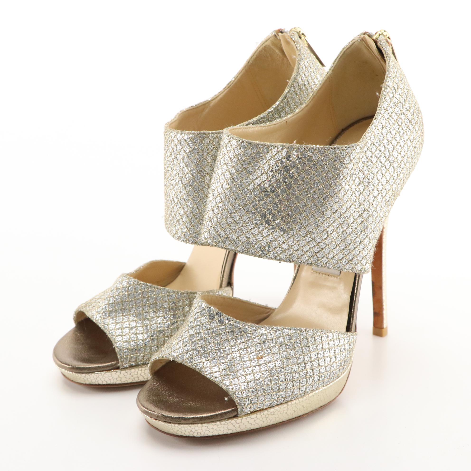 Jimmy Choo Peep Toe Pump Duo in Silver Glitter and Metallic Leather