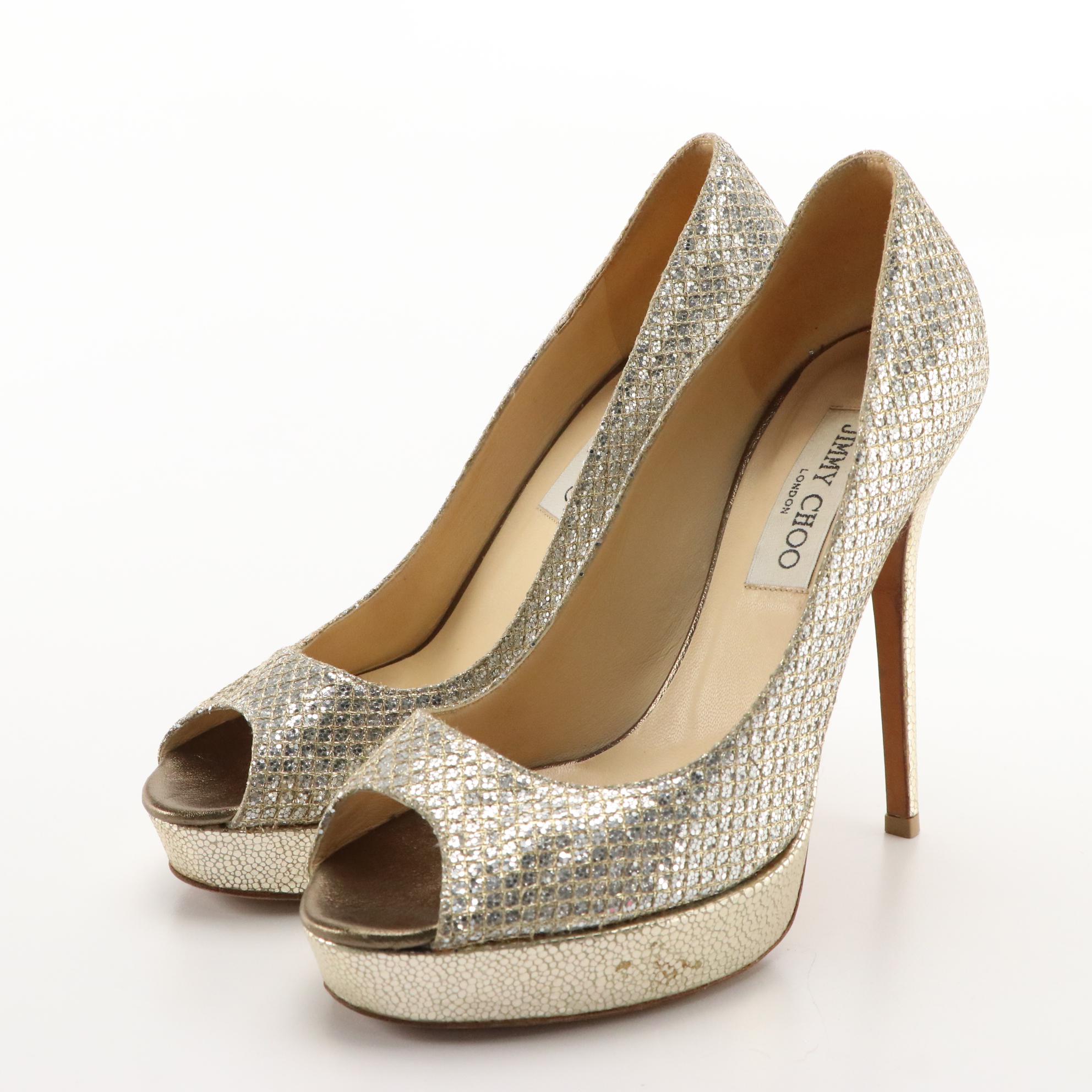 Jimmy Choo Peep Toe Pump Duo in Silver Glitter and Metallic Leather