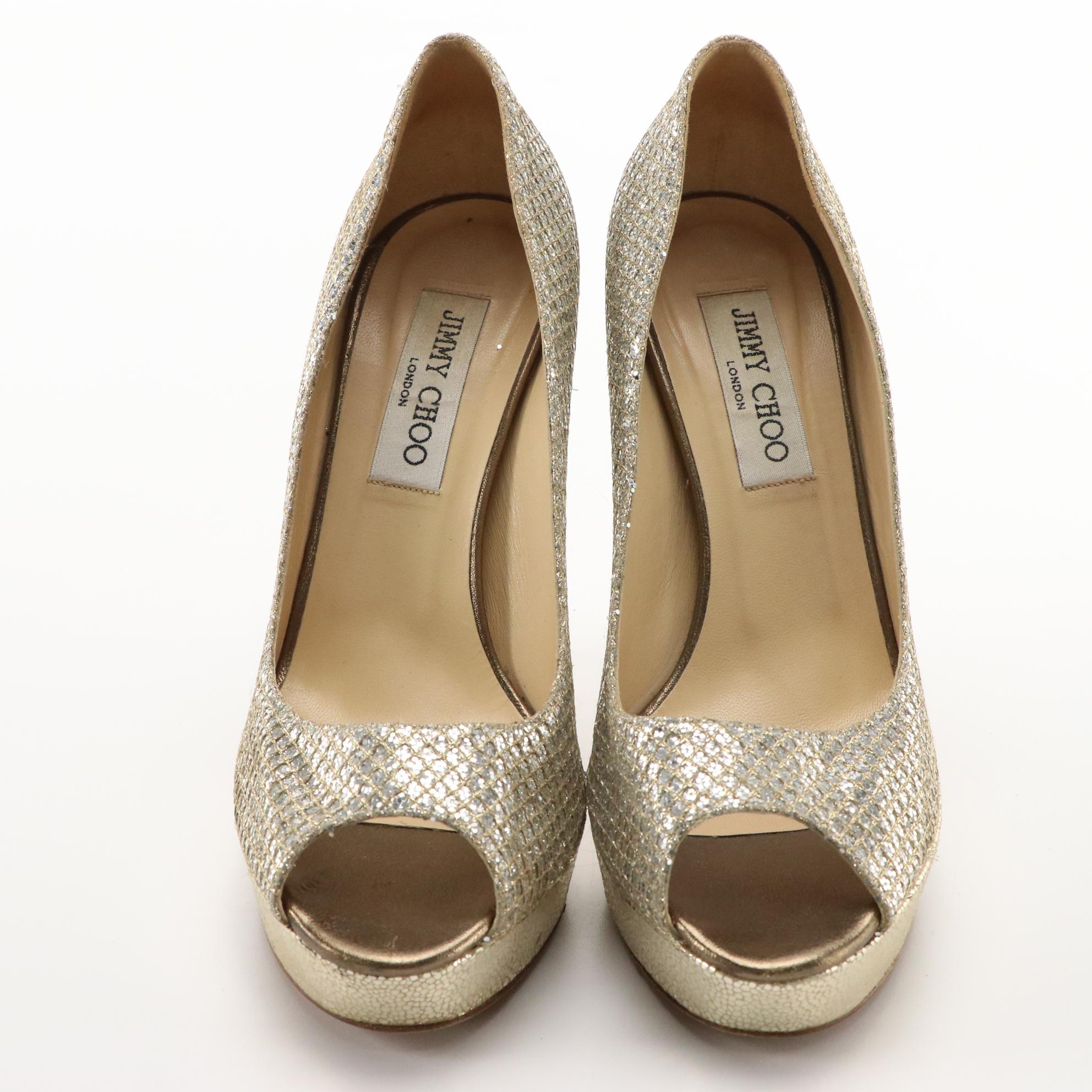 Jimmy Choo Peep Toe Pump Duo in Silver Glitter and Metallic Leather