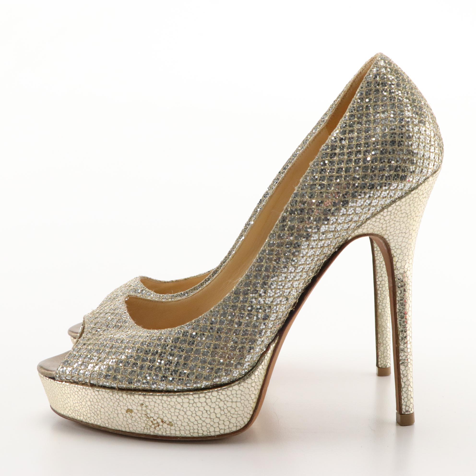 Jimmy Choo Peep Toe Pump Duo in Silver Glitter and Metallic Leather