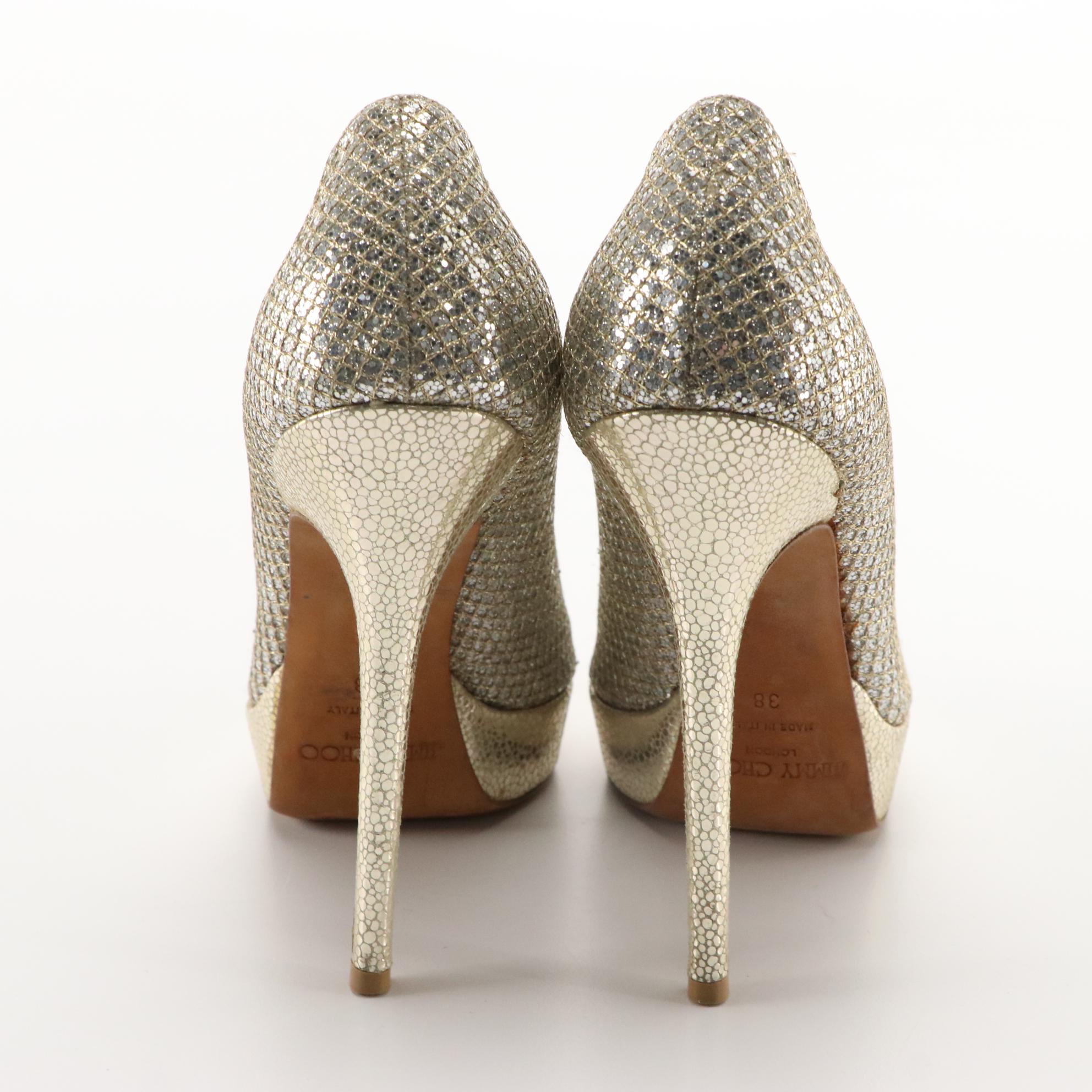 Jimmy Choo Peep Toe Pump Duo in Silver Glitter and Metallic Leather