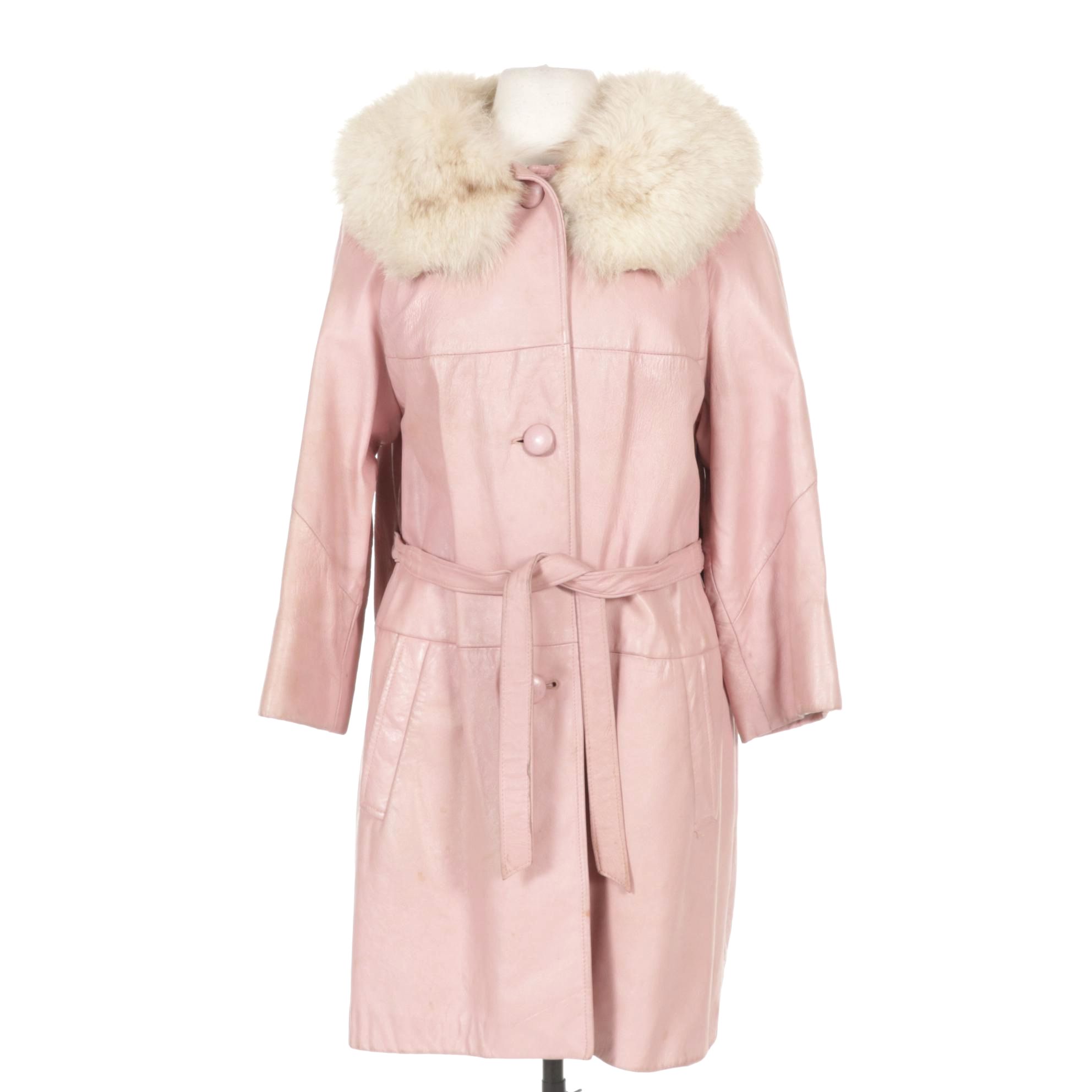 Rose Pink Leather Coat With Blonde Fox Collar