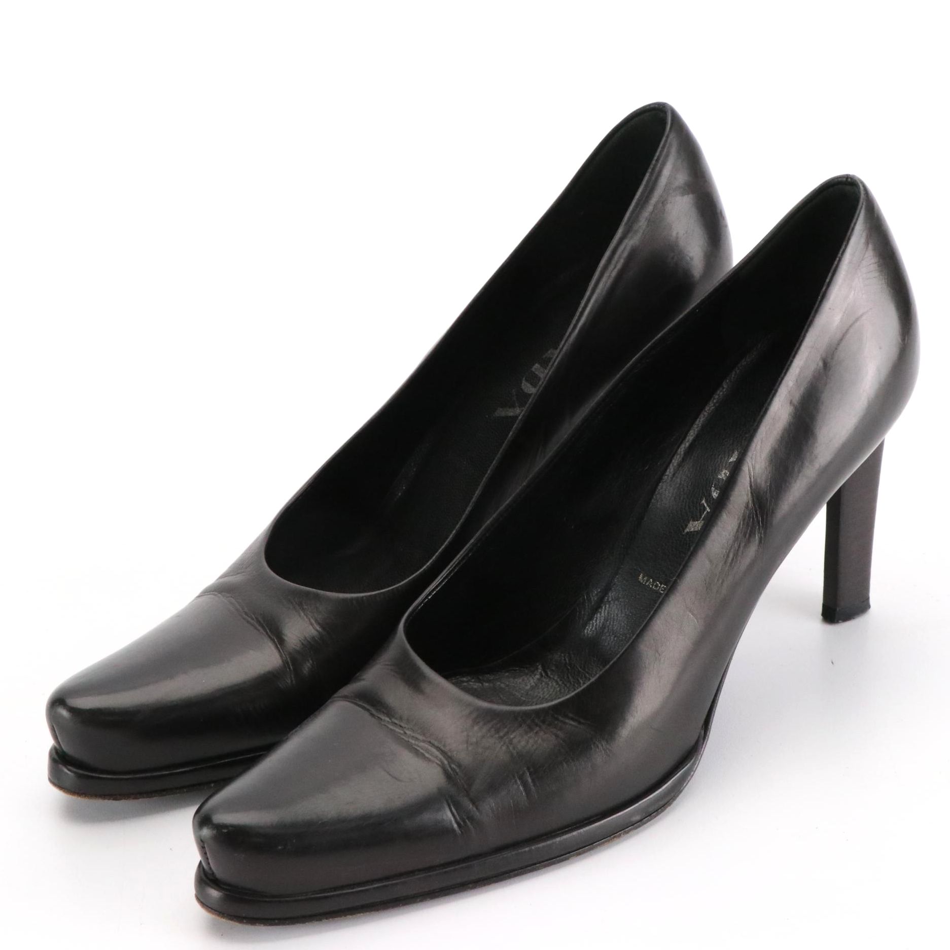 Prada Skinny Heel Almond Toe Pumps in Black Lambskin Leather