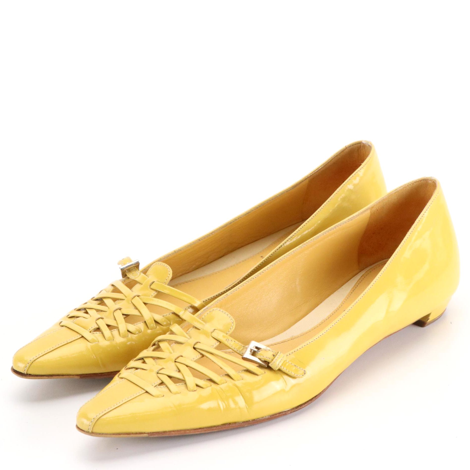 Prada Criss-Cross Detail Flats in Yellow Patent Leather