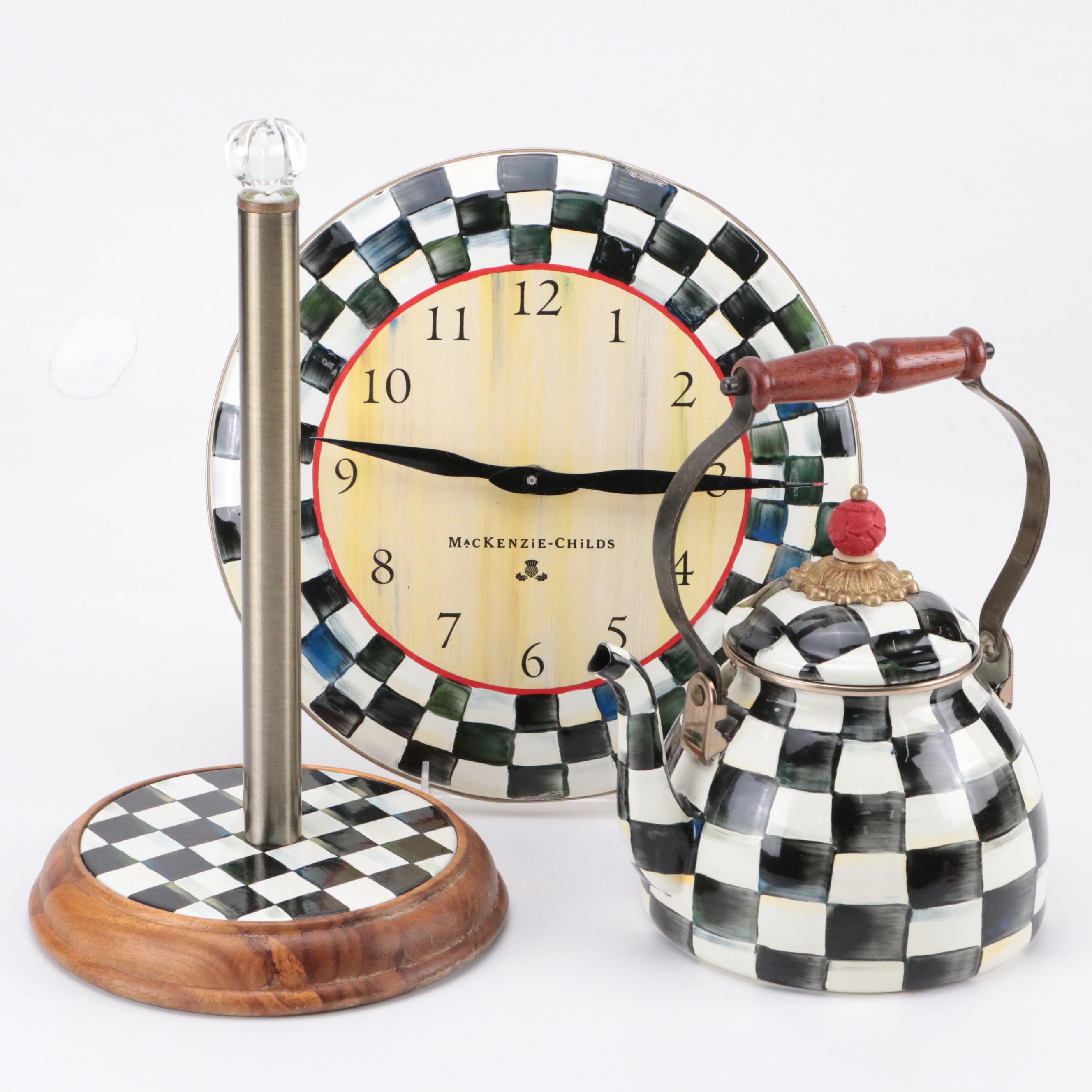 MacKenzie-Childs "Courtly Check" Teapot, Paper Towel Holder and Wall Clock