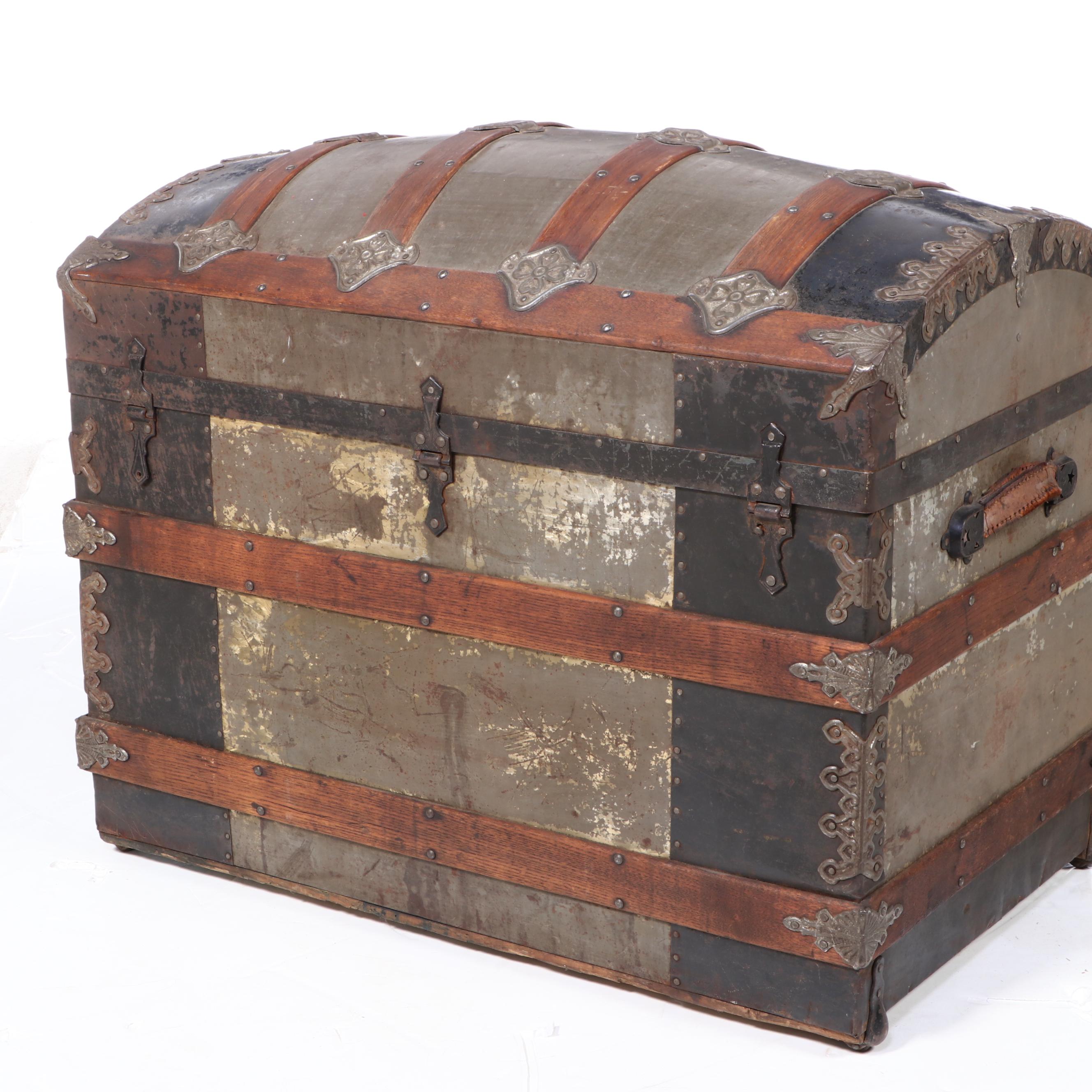 Late Victorian Metal-Clad and Slatted Wood Dome Top Steamer Trunk