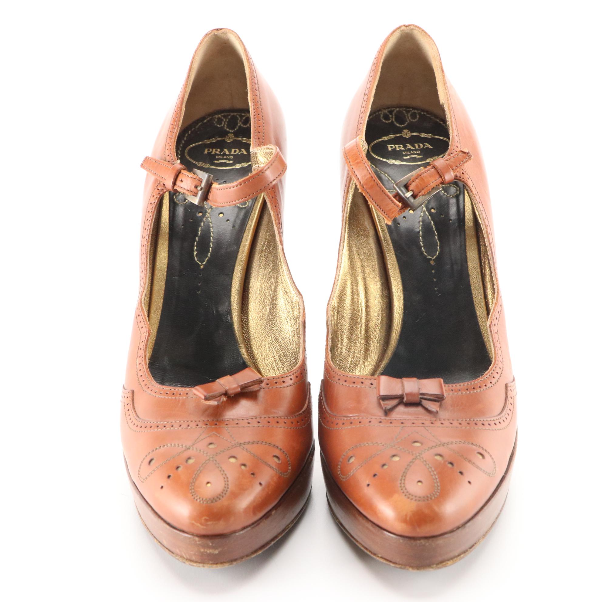 Prada Brogue Detail Mary Jane Pumps in Brown Leather