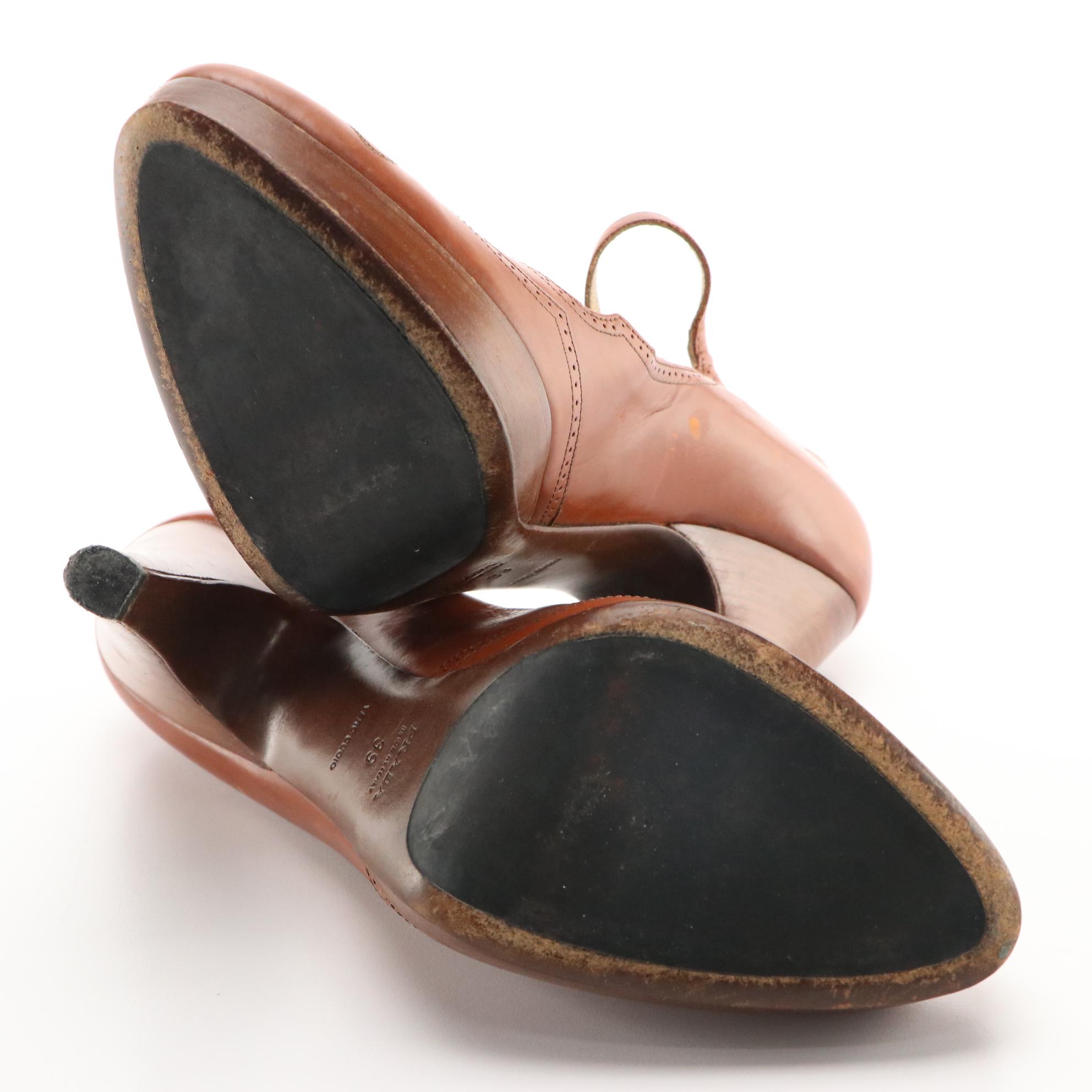 Prada Brogue Detail Mary Jane Pumps in Brown Leather