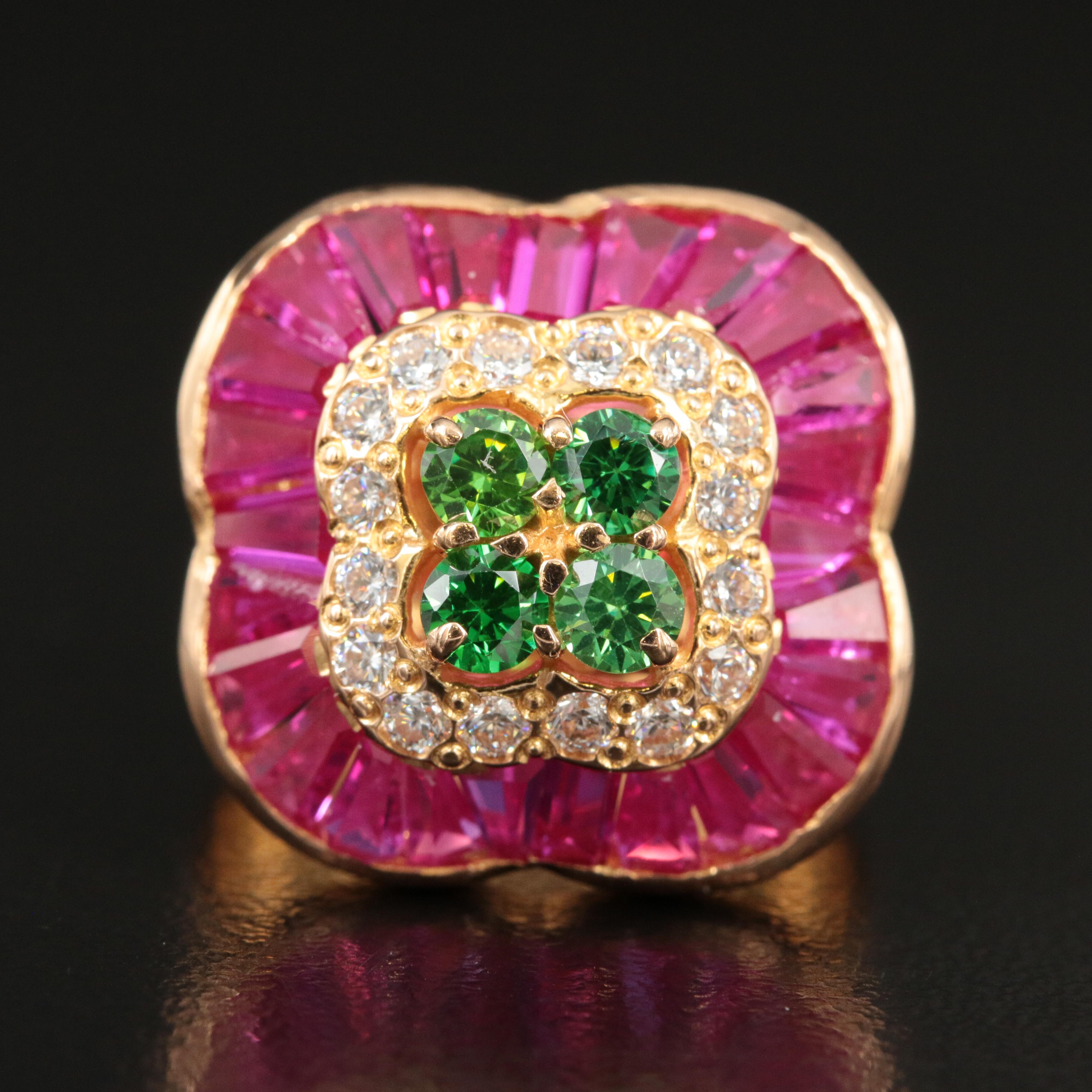 21K Cubic Zirconia and Ruby Quatrefoil Ring