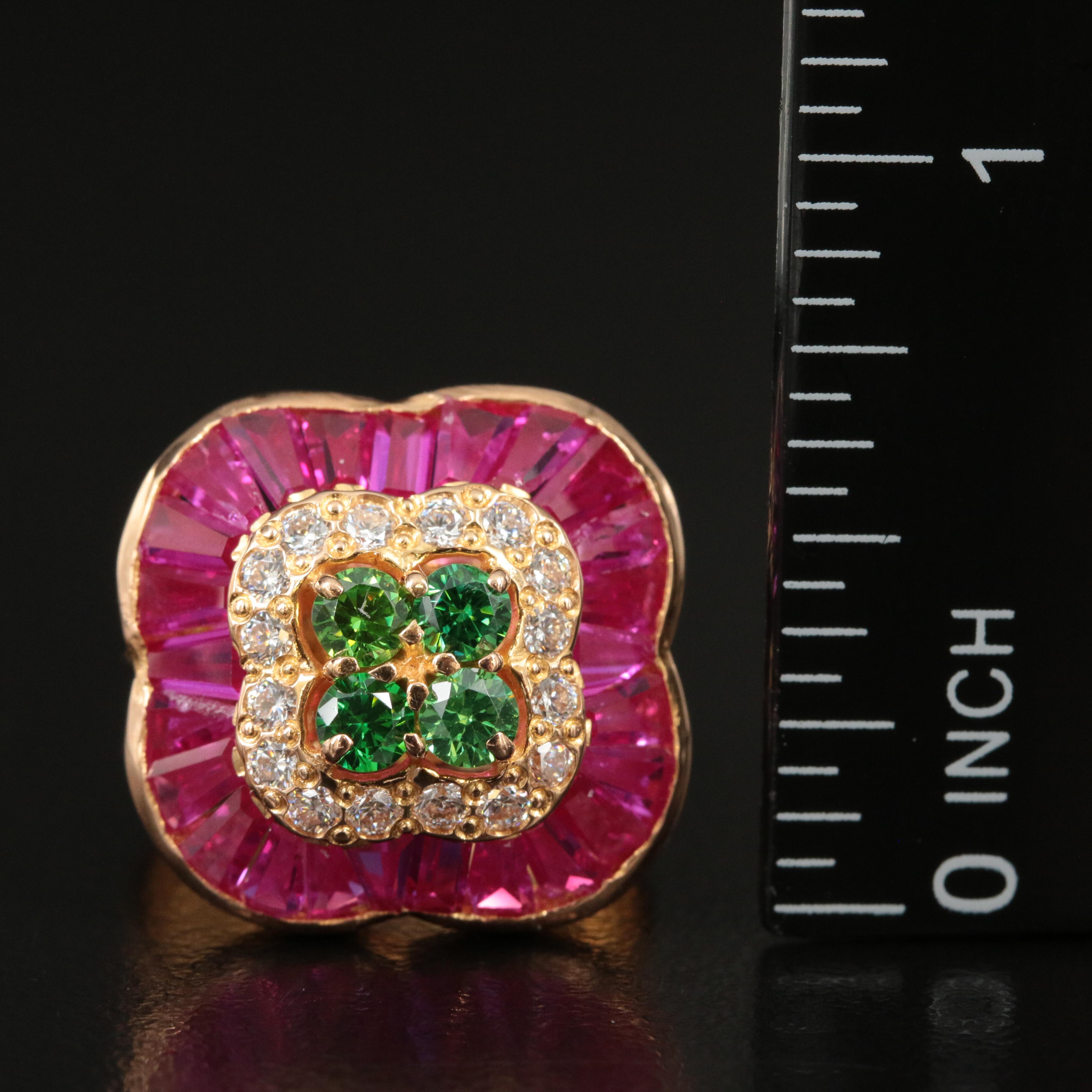 21K Cubic Zirconia and Ruby Quatrefoil Ring