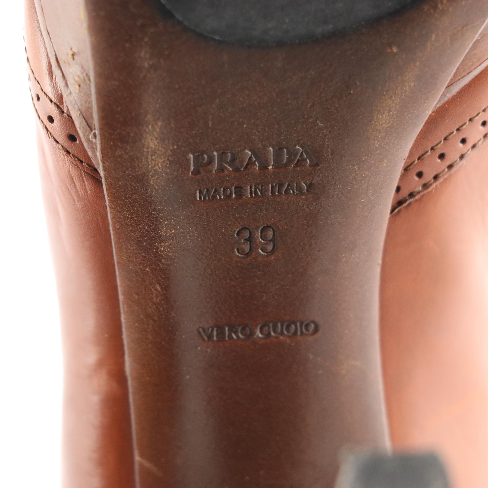 Prada Brogue Detail Mary Jane Pumps in Brown Leather