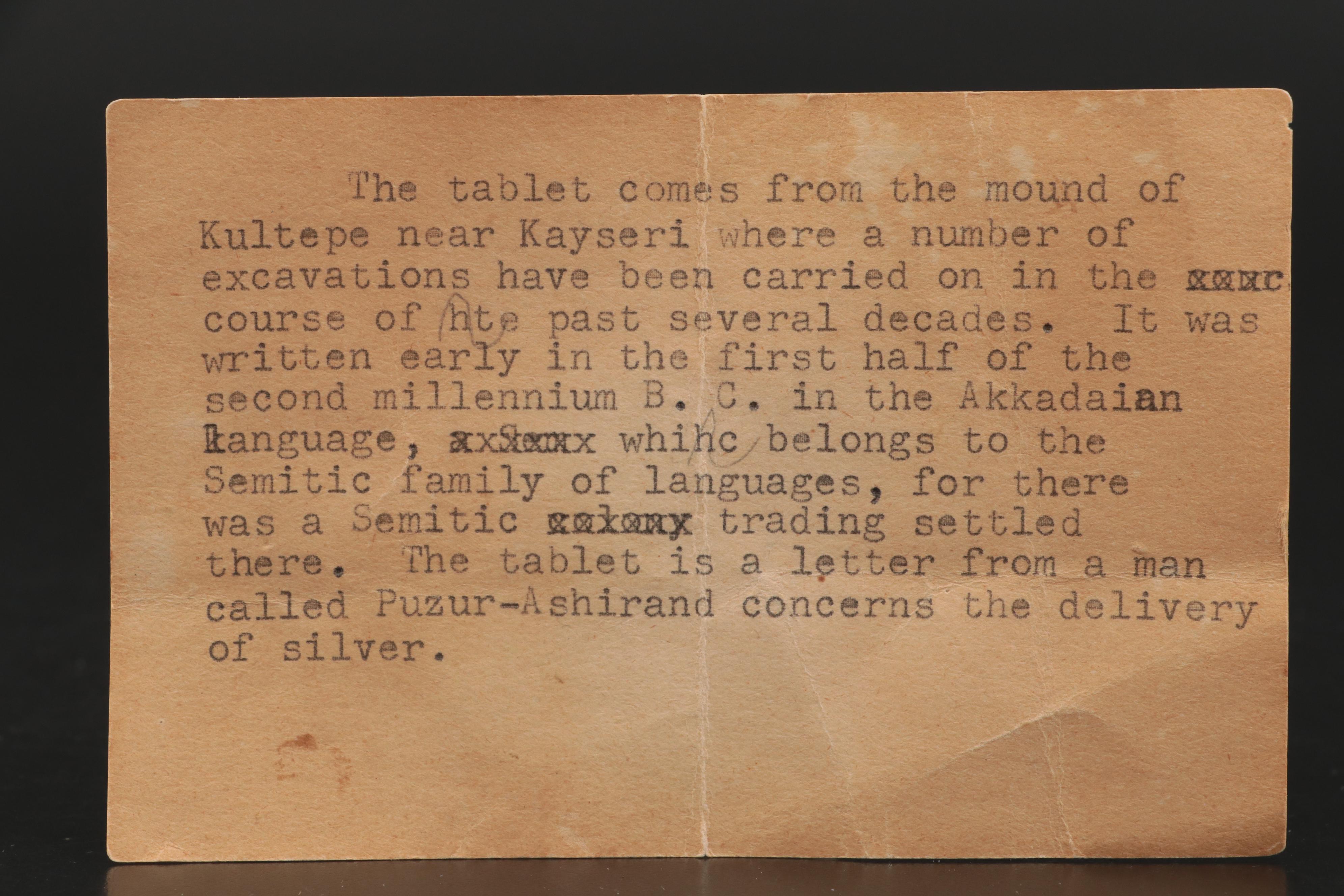 Kultepe-Mound Excavated Akkadian Cuneiform Tablet, Second Millennium B.C.E.