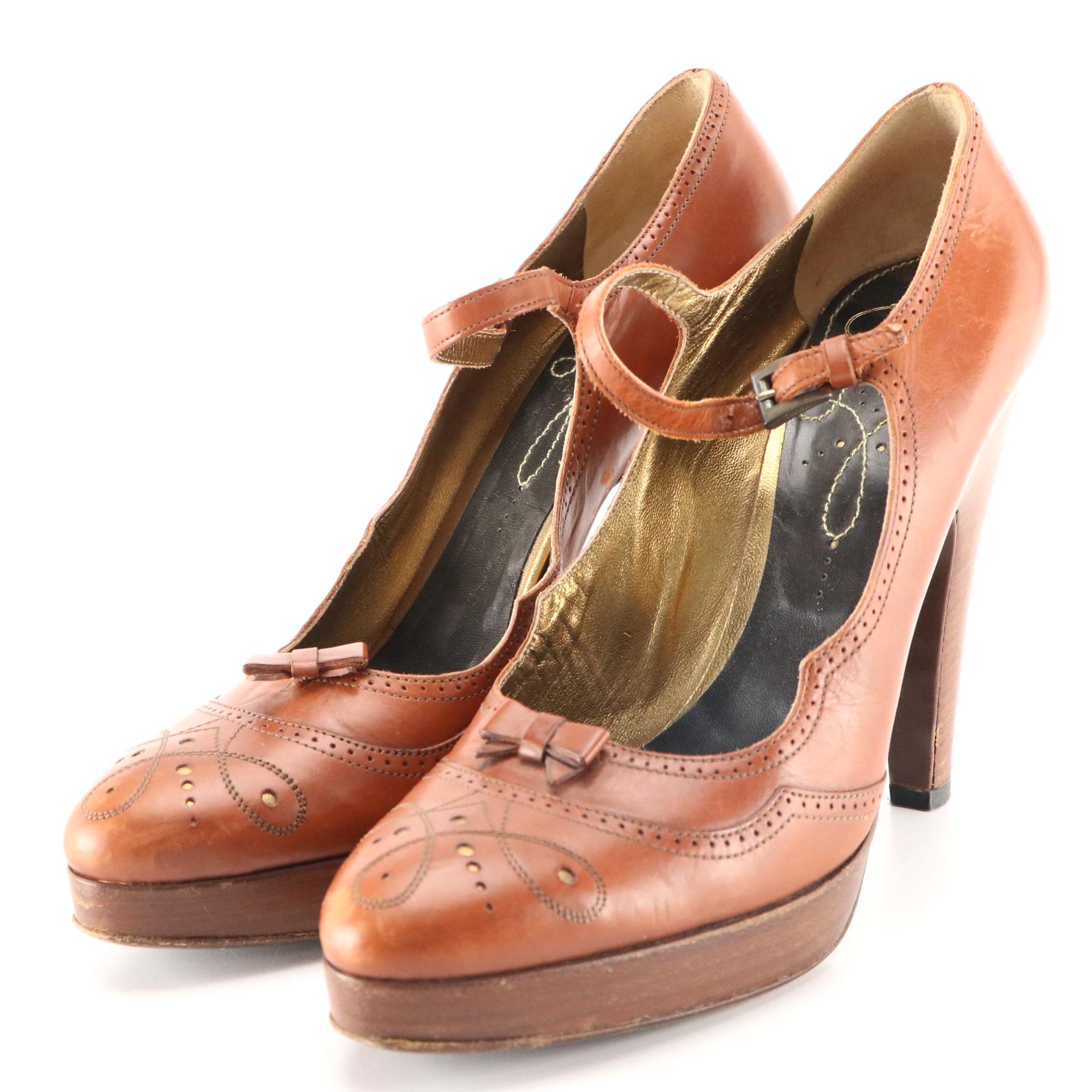 Prada Brogue Detail Mary Jane Pumps in Brown Leather