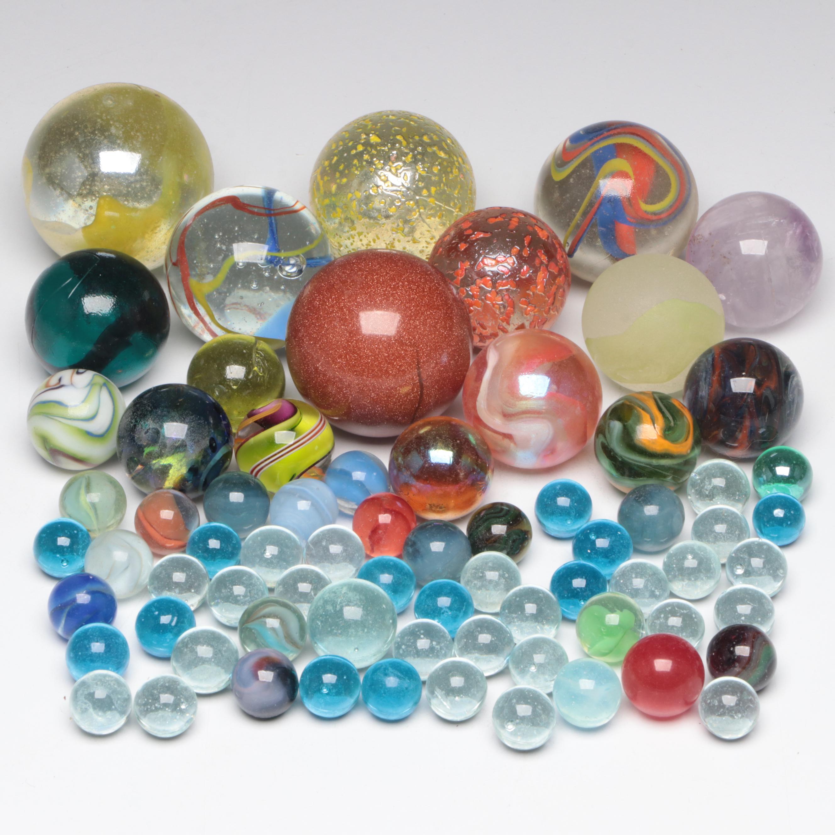 Collection of Art Glass Marbles and One Rose Quartz Marble