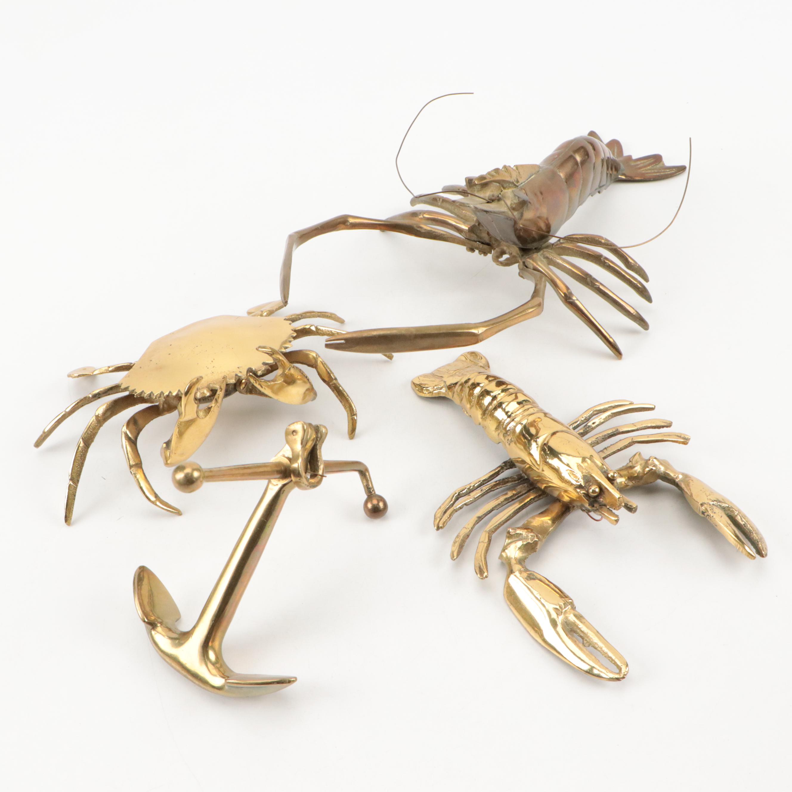 Brass Crab Covered Ashtray with Brass Lobster, Crawdad and Anchor