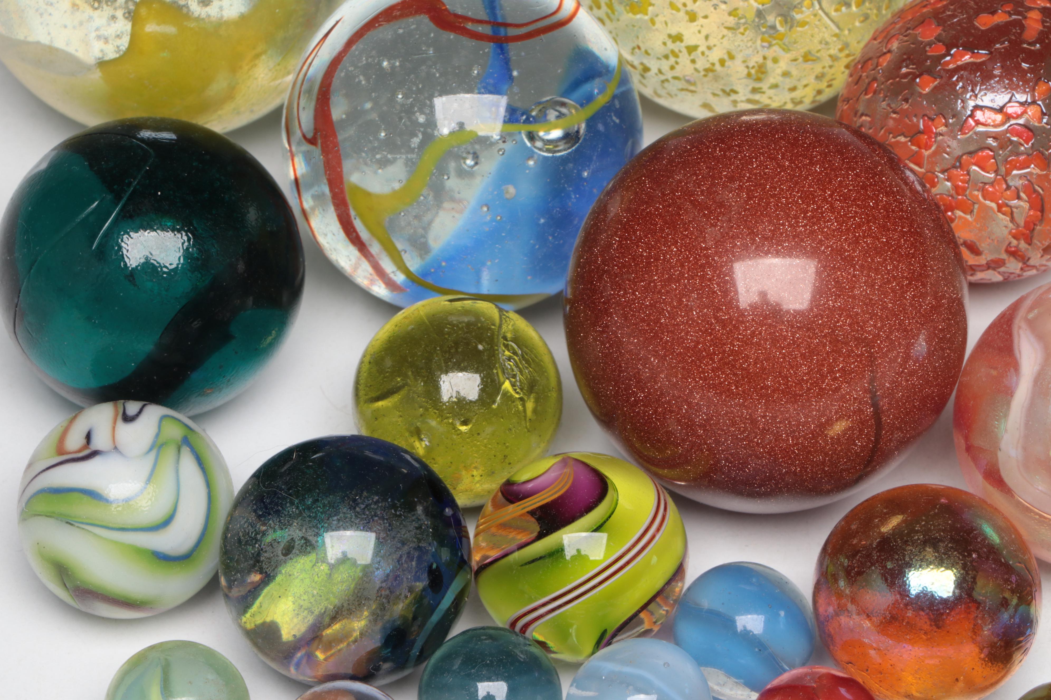Collection of Art Glass Marbles and One Rose Quartz Marble