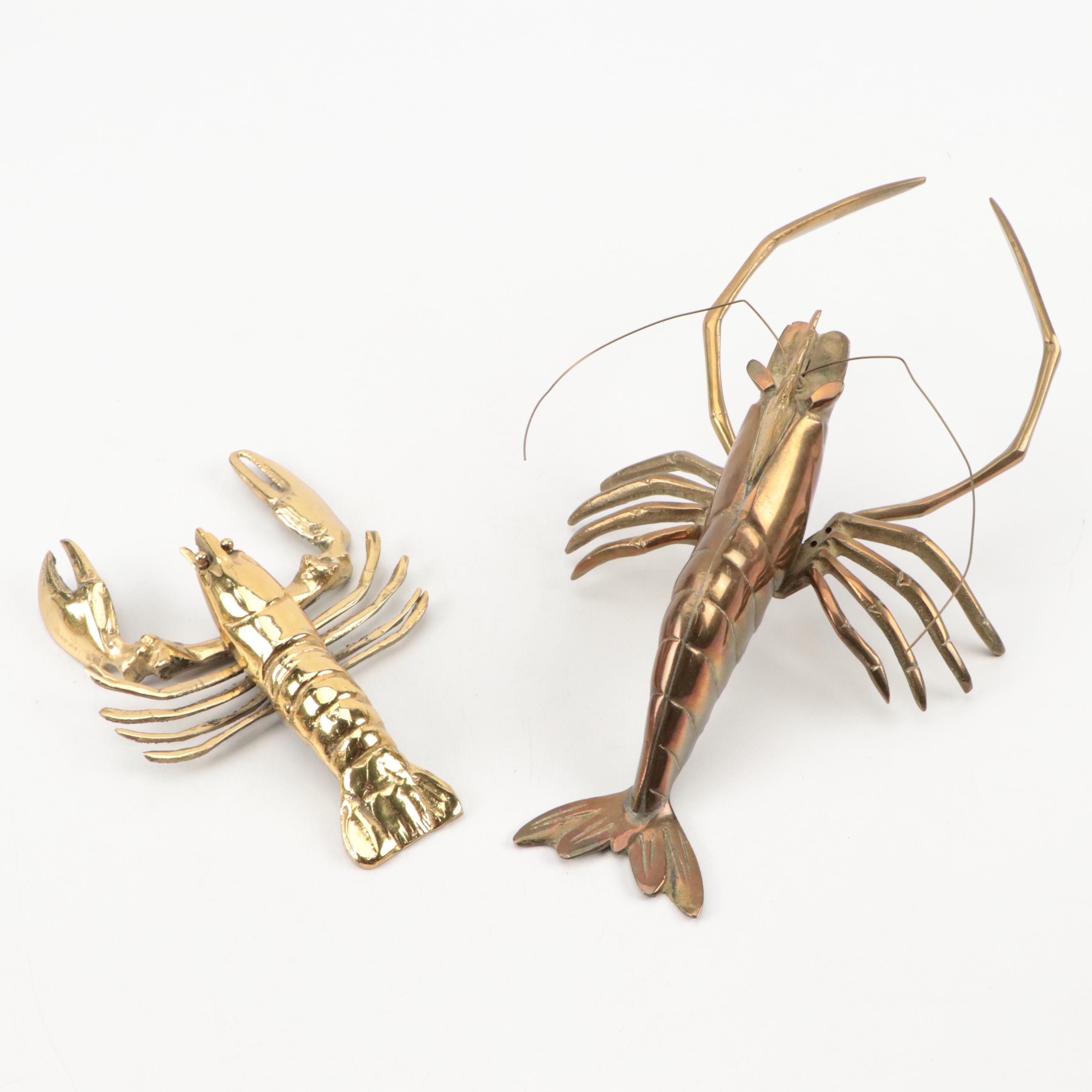 Brass Crab Covered Ashtray with Brass Lobster, Crawdad and Anchor