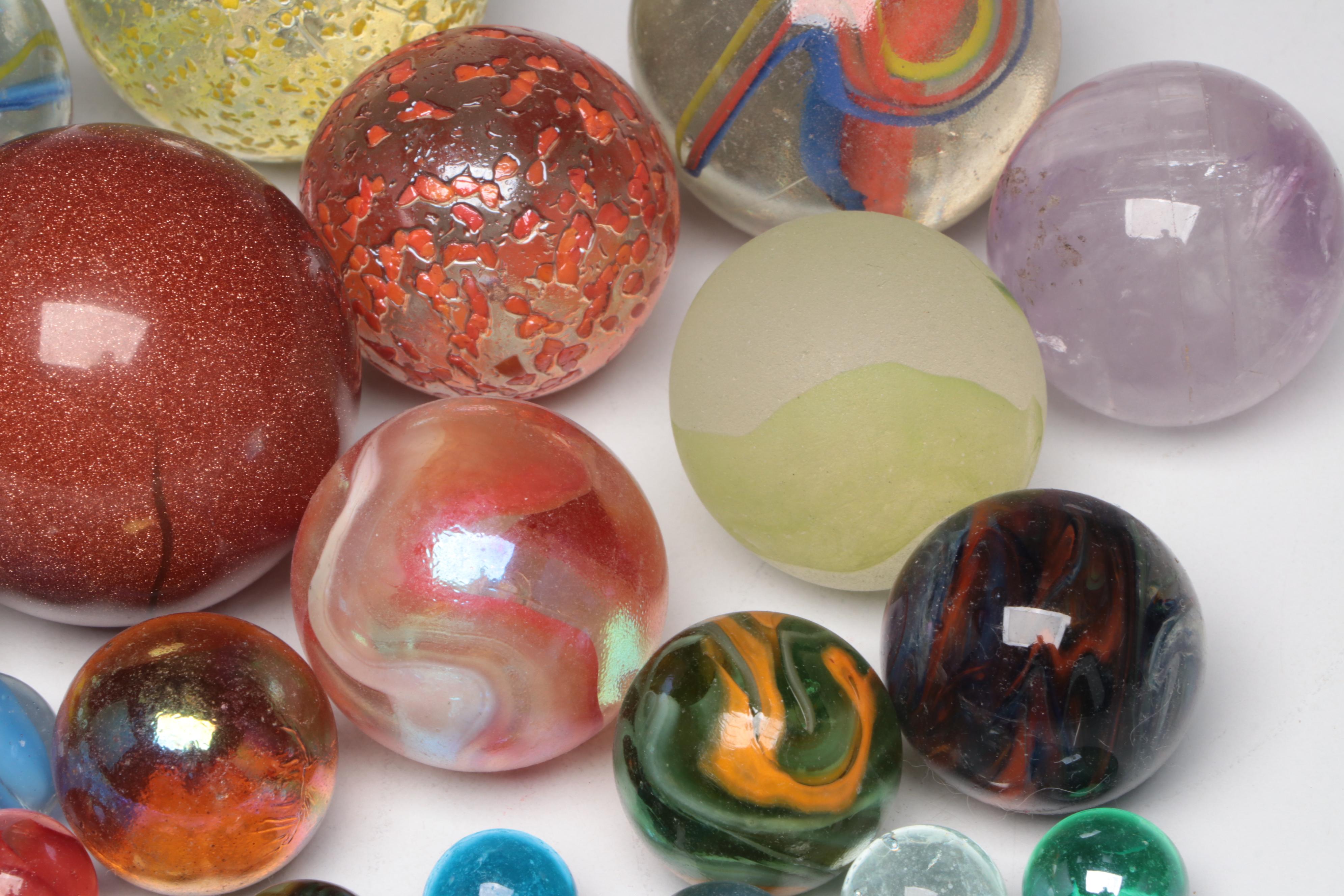 Collection of Art Glass Marbles and One Rose Quartz Marble