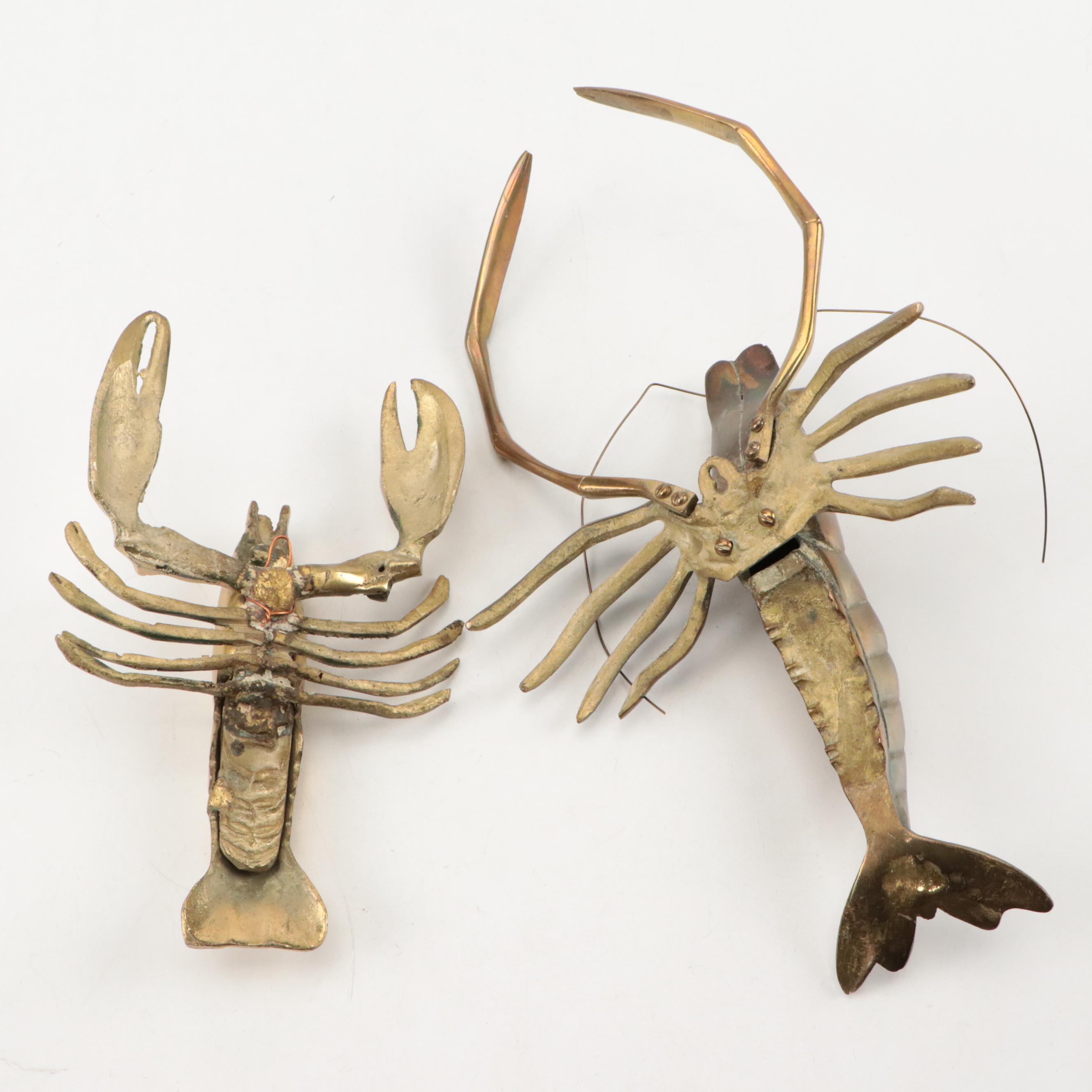 Brass Crab Covered Ashtray with Brass Lobster, Crawdad and Anchor