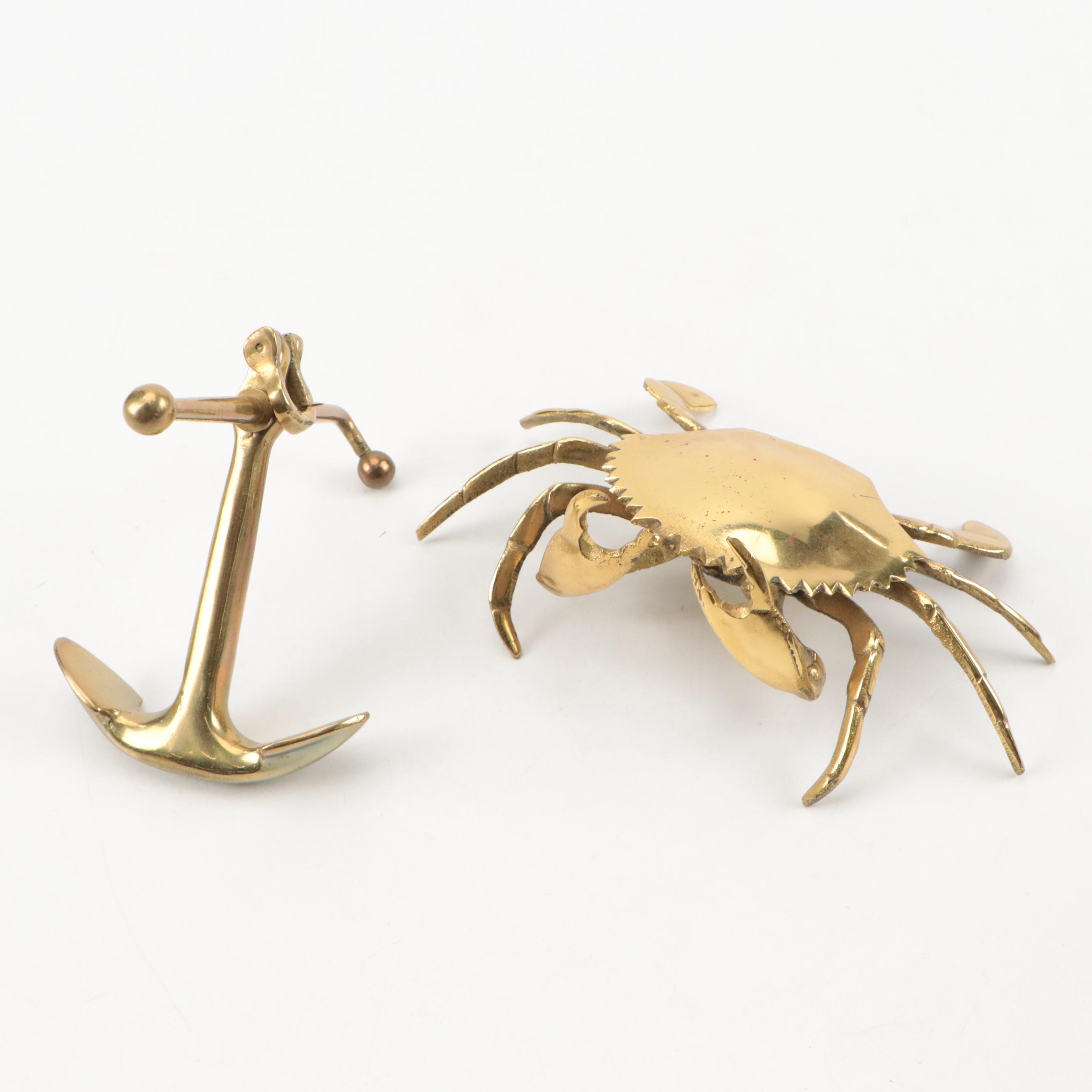 Brass Crab Covered Ashtray with Brass Lobster, Crawdad and Anchor