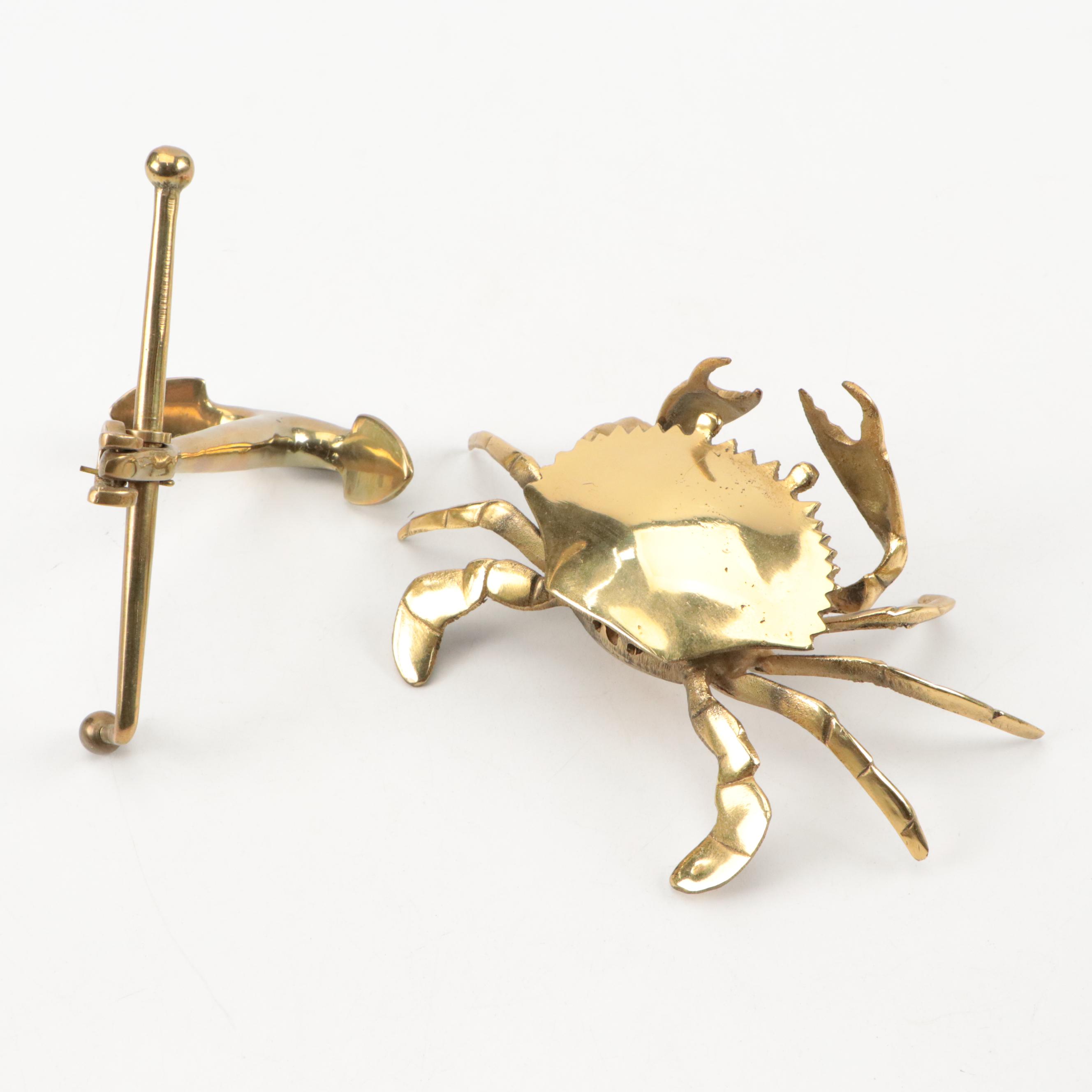 Brass Crab Covered Ashtray with Brass Lobster, Crawdad and Anchor