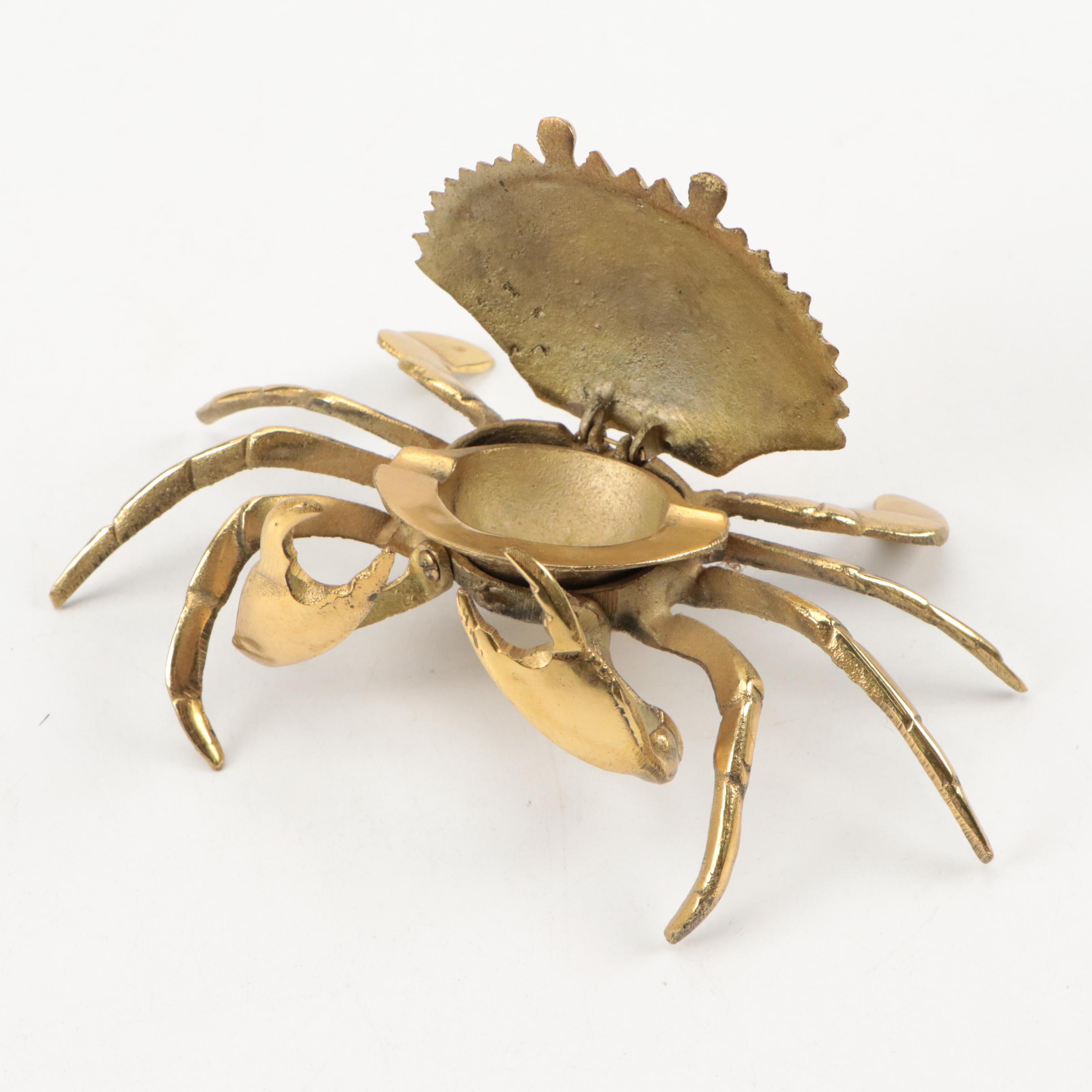 Brass Crab Covered Ashtray with Brass Lobster, Crawdad and Anchor