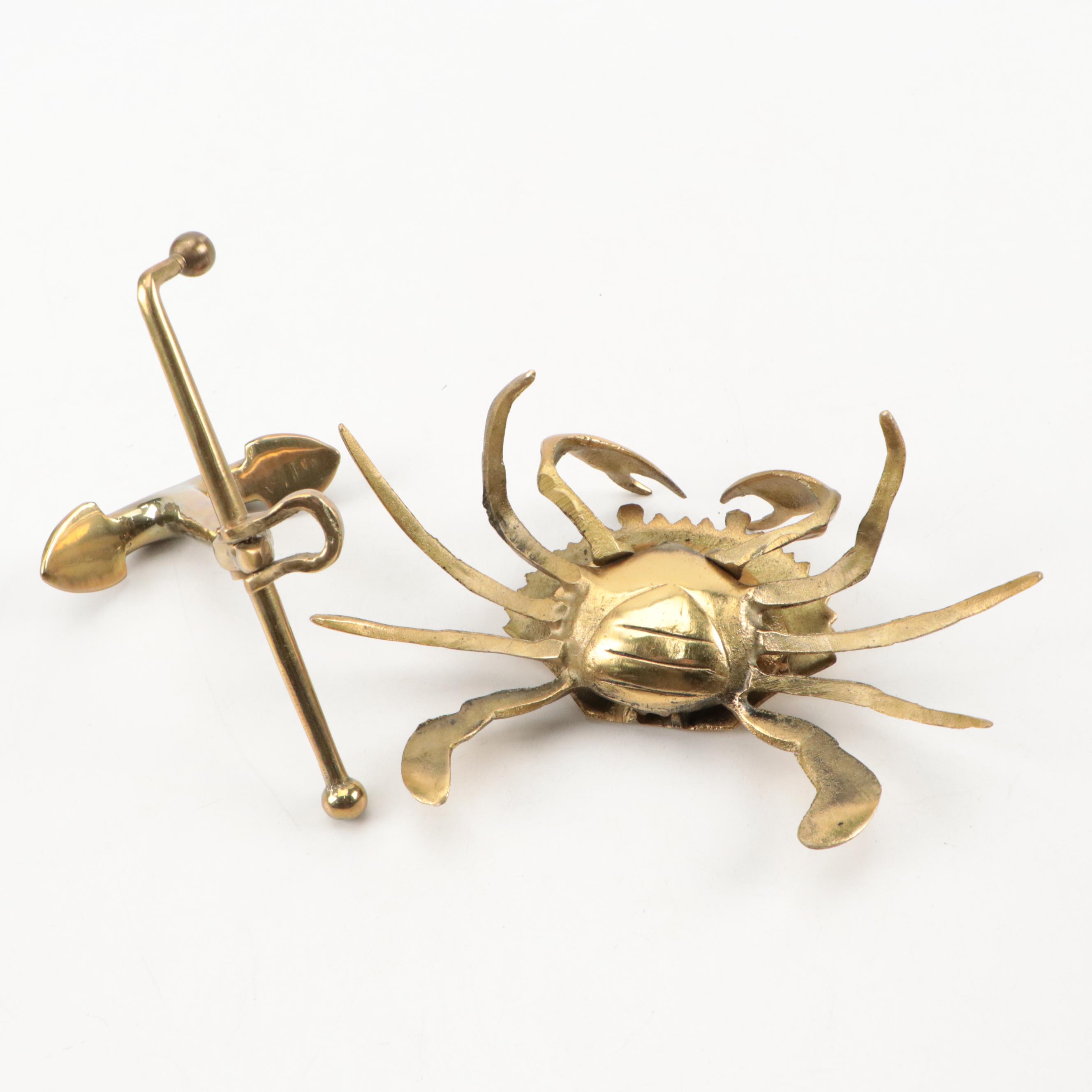 Brass Crab Covered Ashtray with Brass Lobster, Crawdad and Anchor