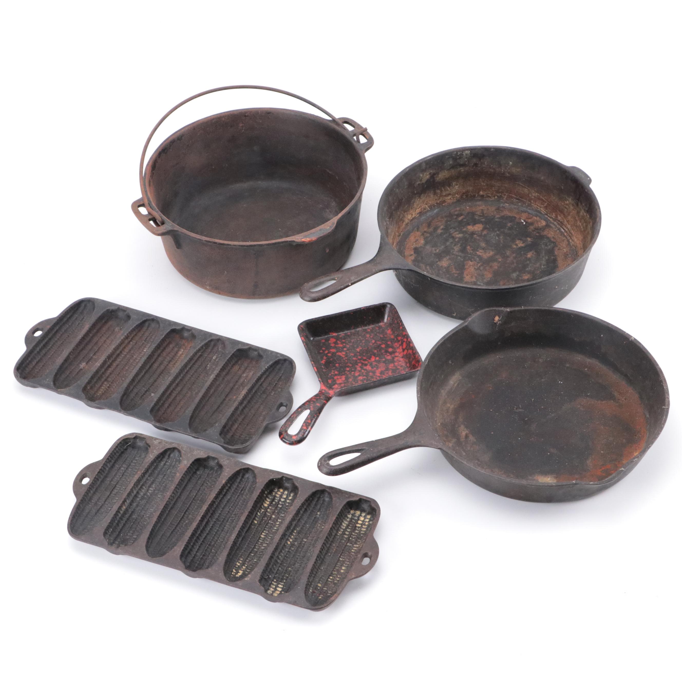Wagner Cast Iron Skillet and Cornbread Molds with Other Kitchen Pots