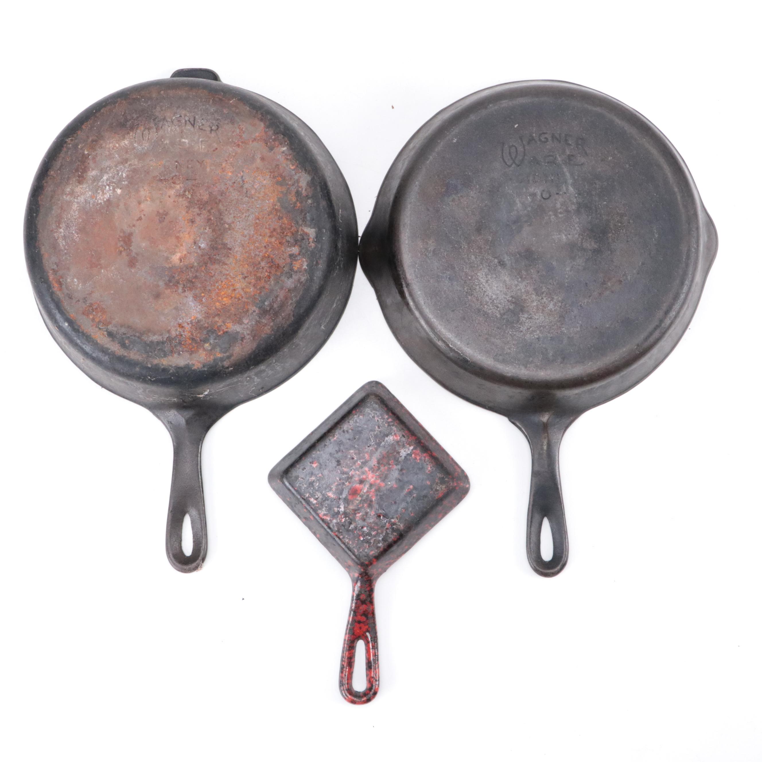 Wagner Cast Iron Skillet and Cornbread Molds with Other Kitchen Pots