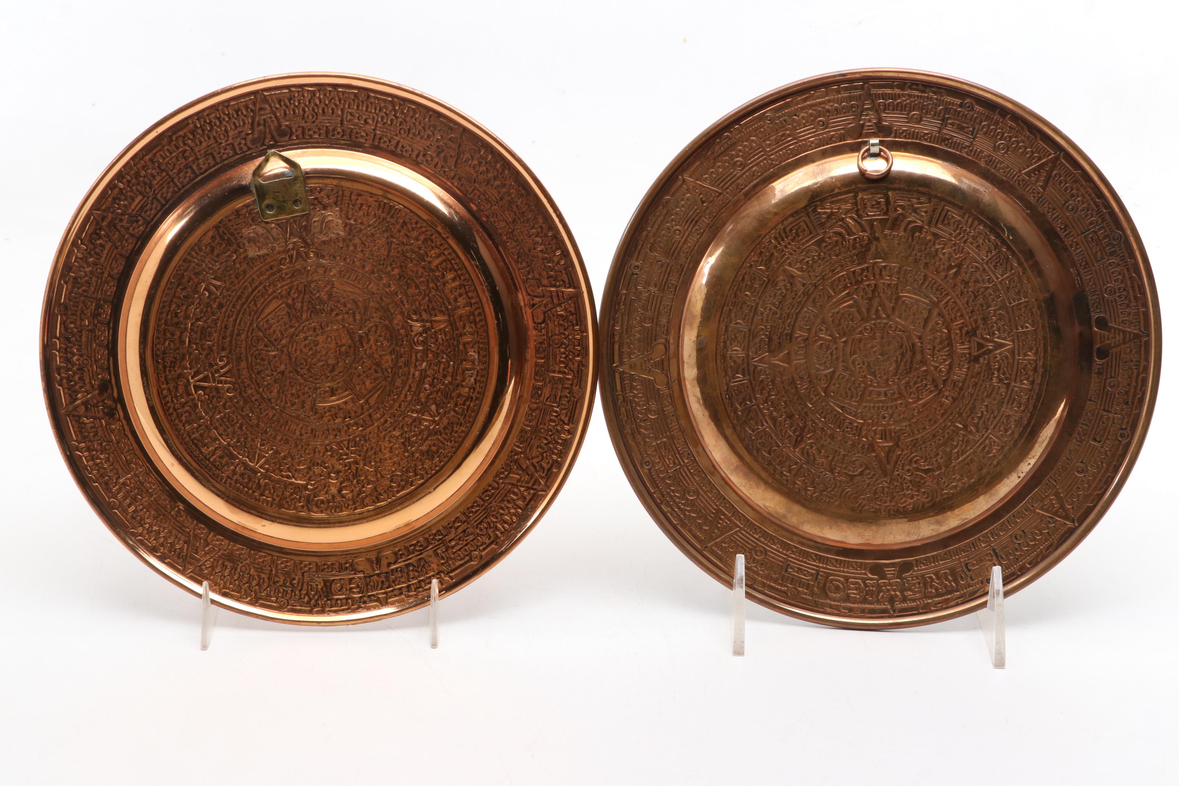 Maya and Aztec Style Mexican Brass and Copper Souvenir Plates
