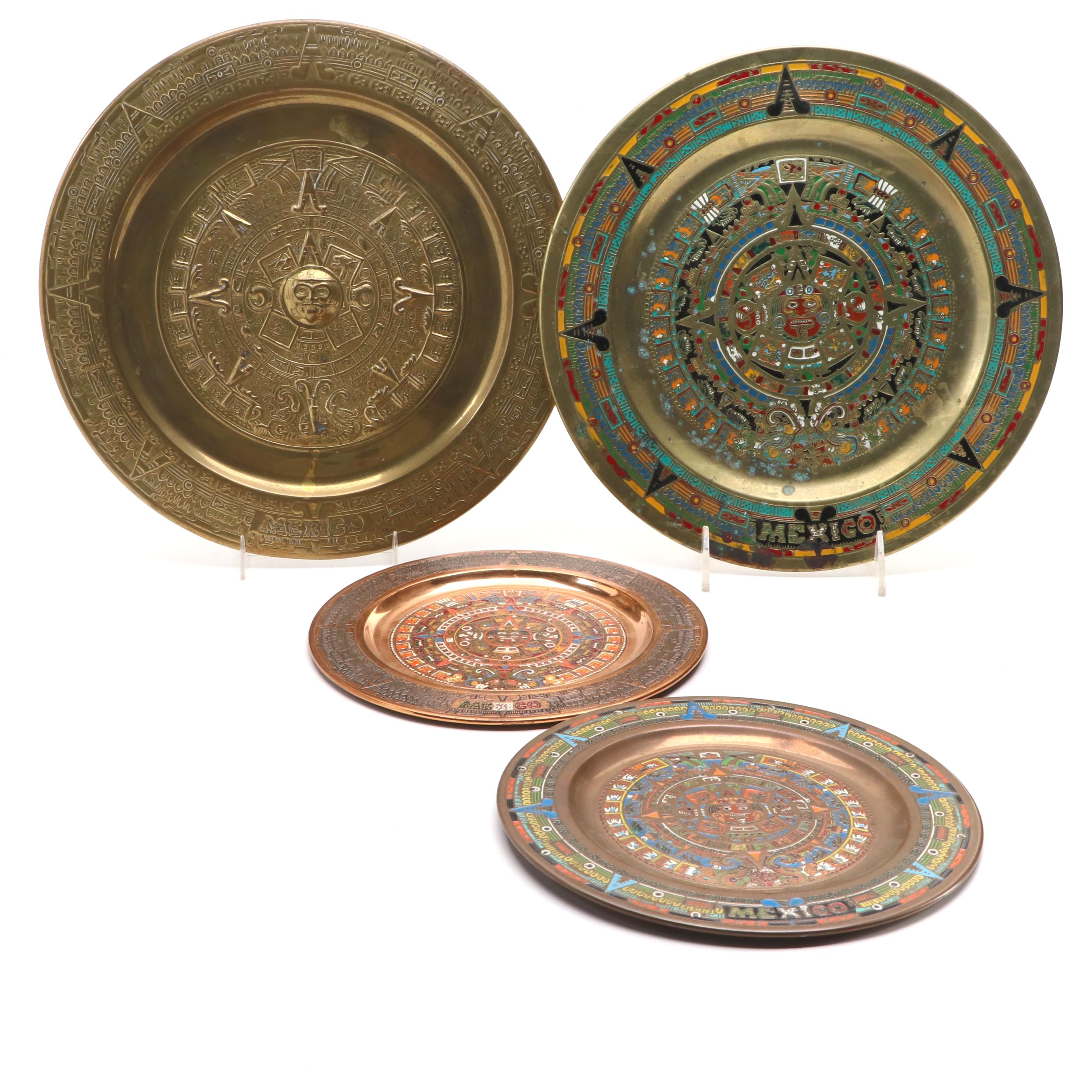 Maya and Aztec Style Mexican Brass and Copper Souvenir Plates