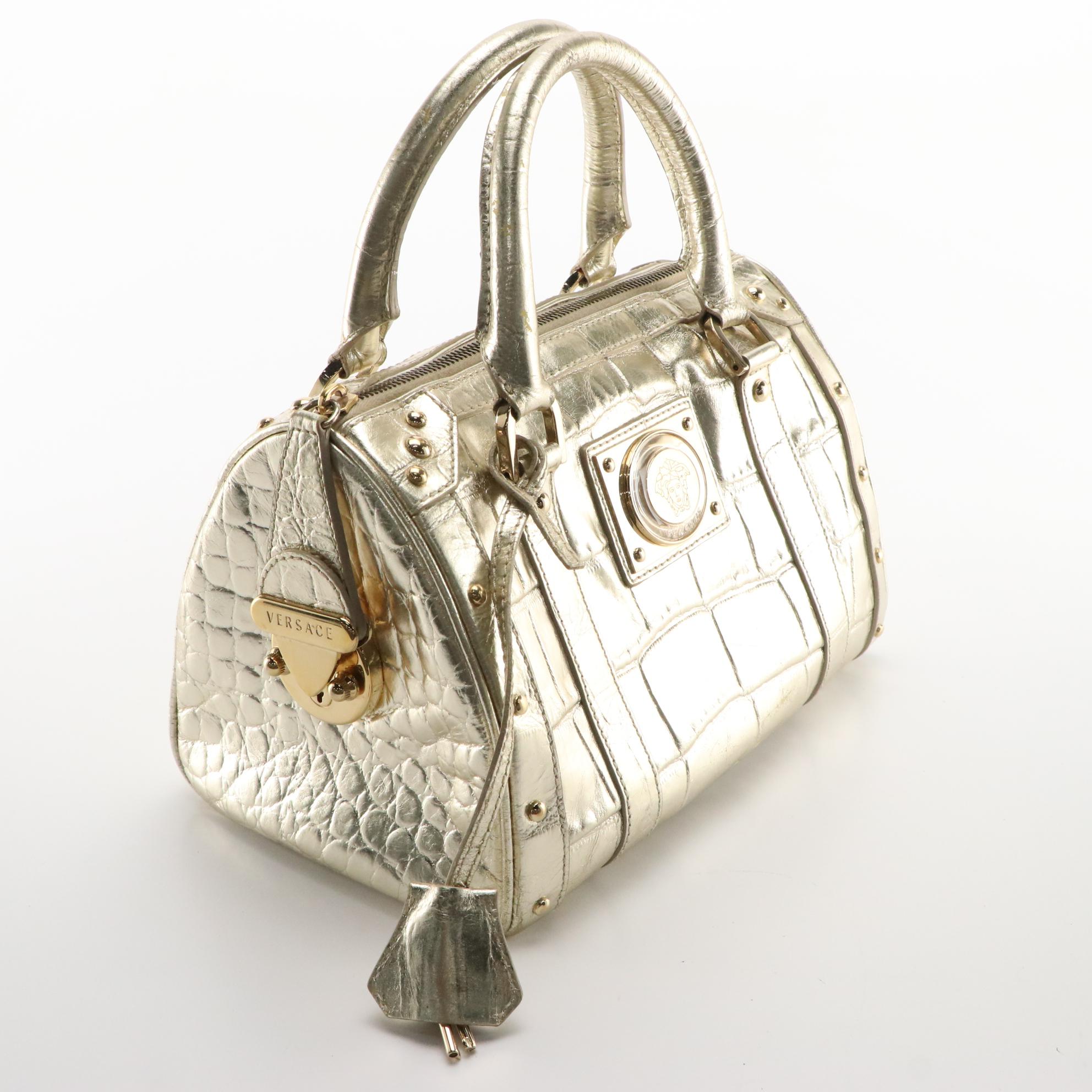 Versace Metallic Gold Leather Snap Out Of It Satchel