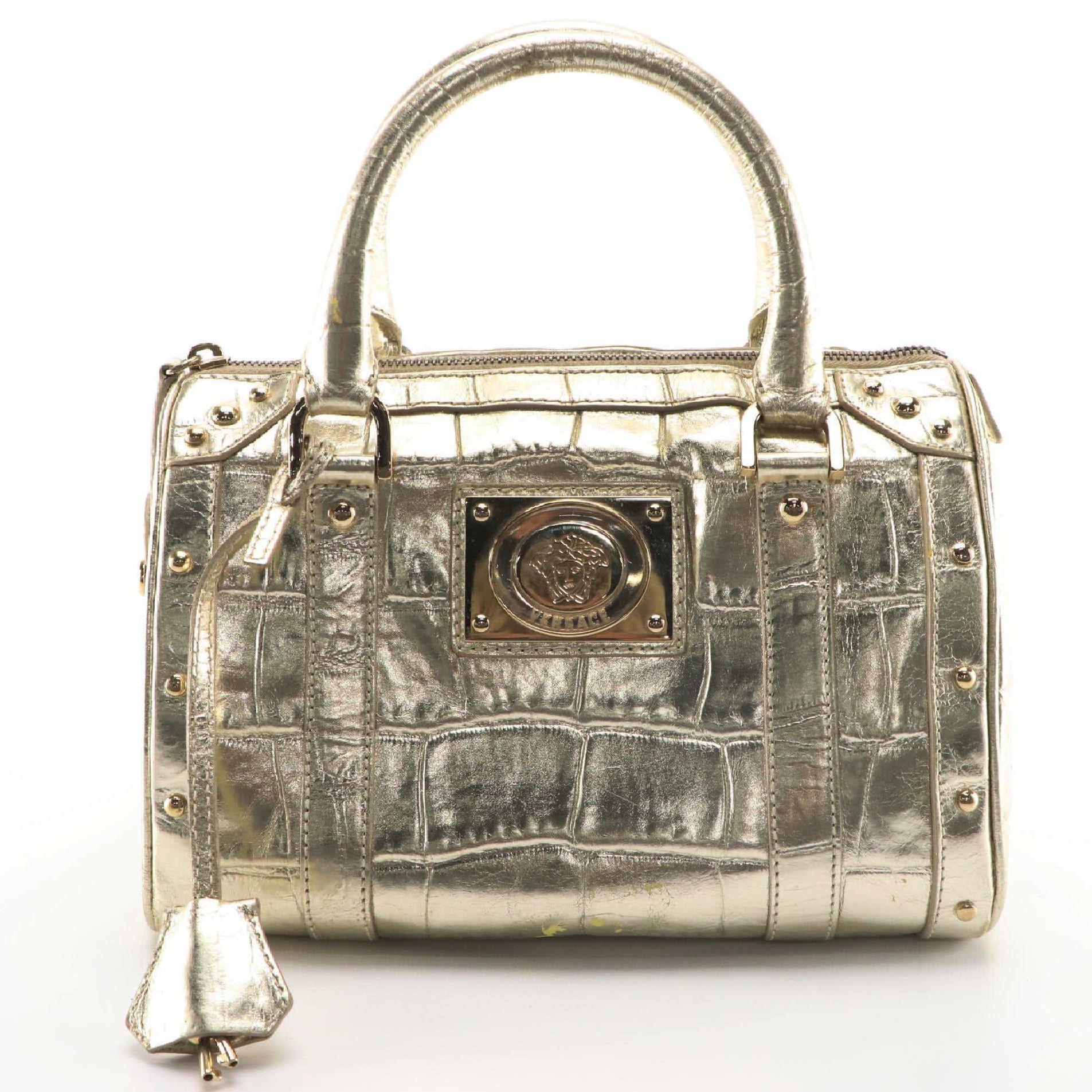 Versace Metallic Gold Leather Snap Out Of It Satchel