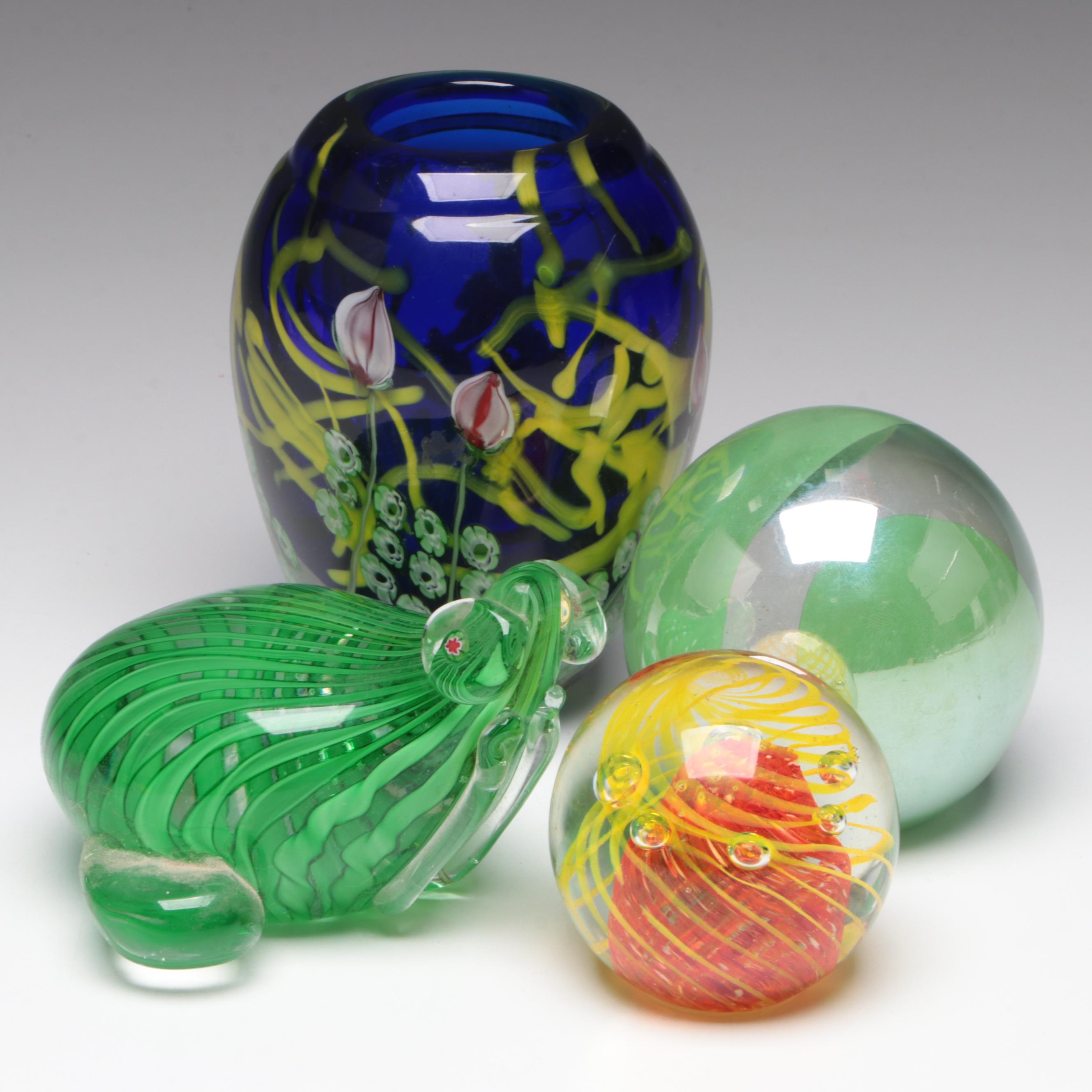 Tulip Motif Glass Vase with Murano Style Glass Frog Paperweight and More