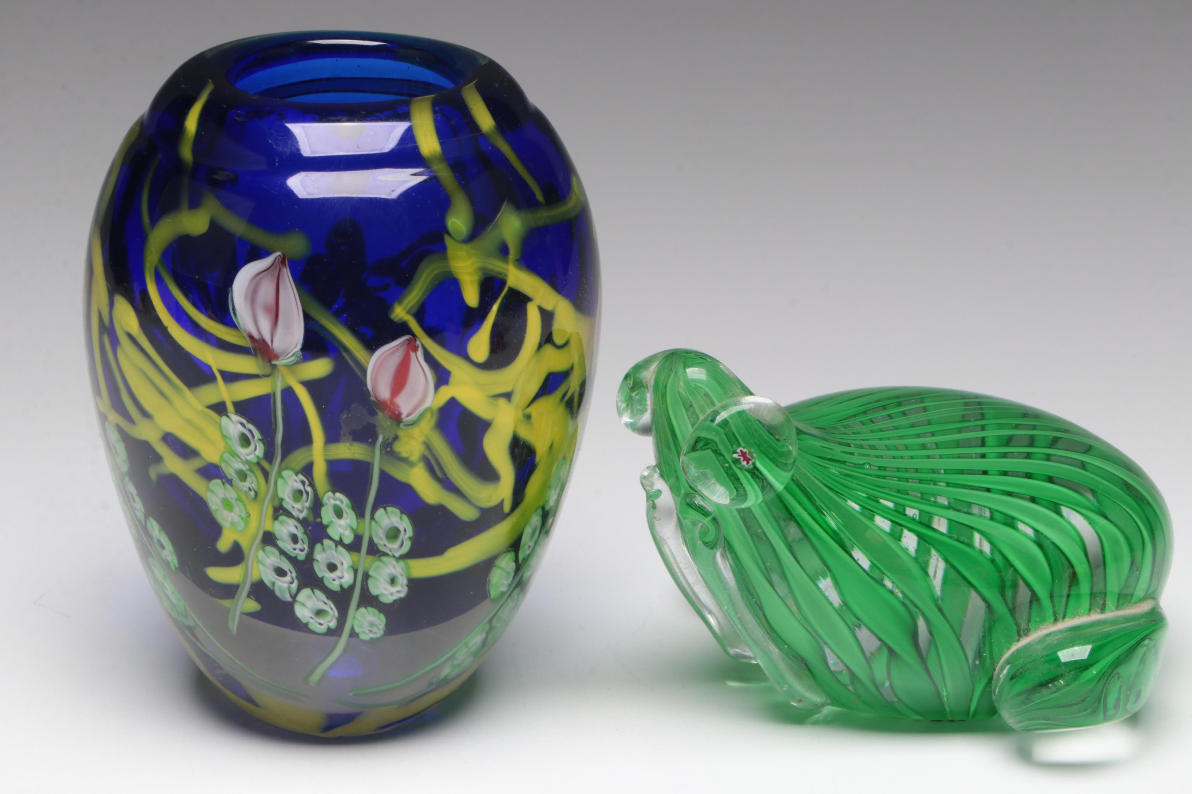 Tulip Motif Glass Vase with Murano Style Glass Frog Paperweight and More