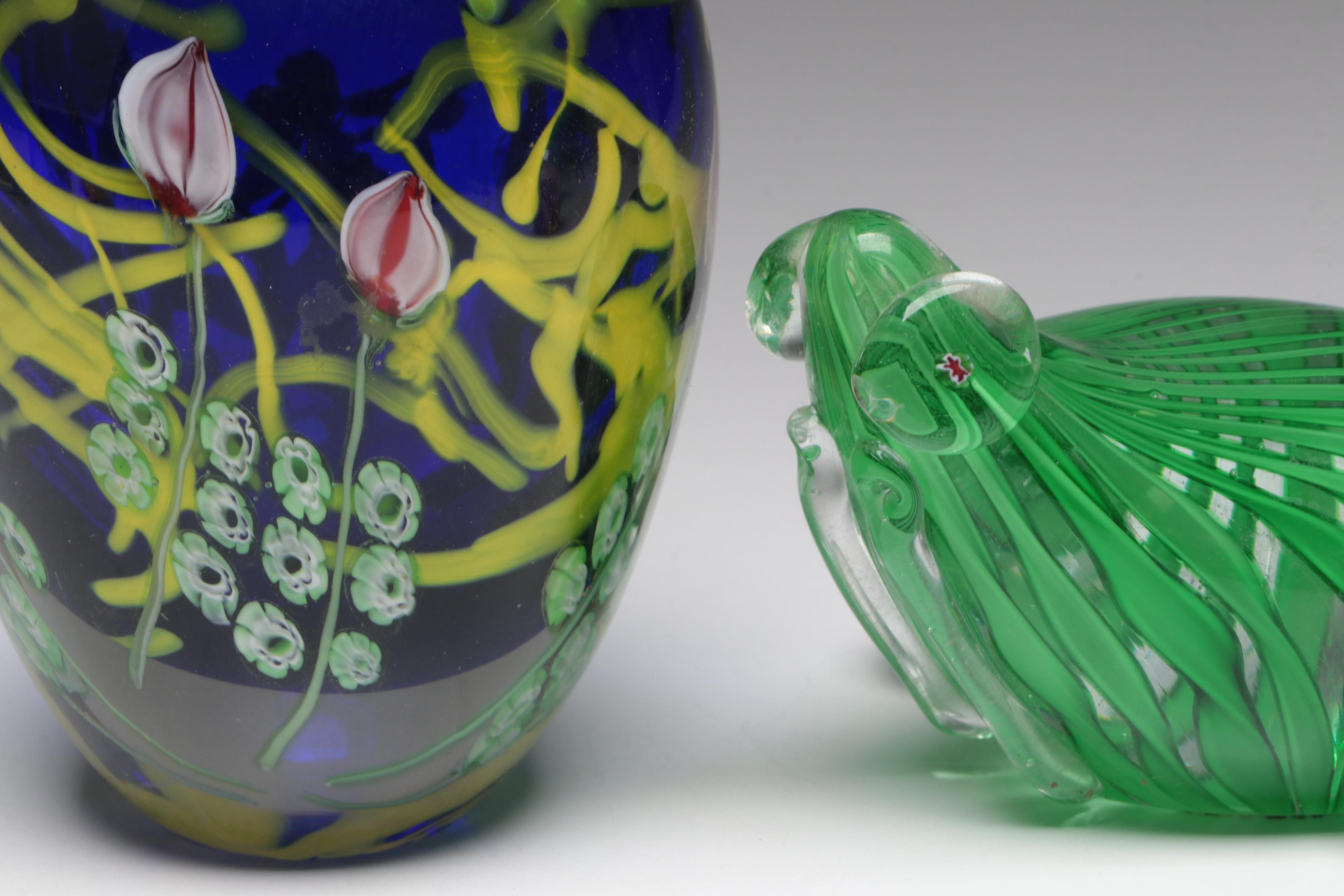 Tulip Motif Glass Vase with Murano Style Glass Frog Paperweight and More