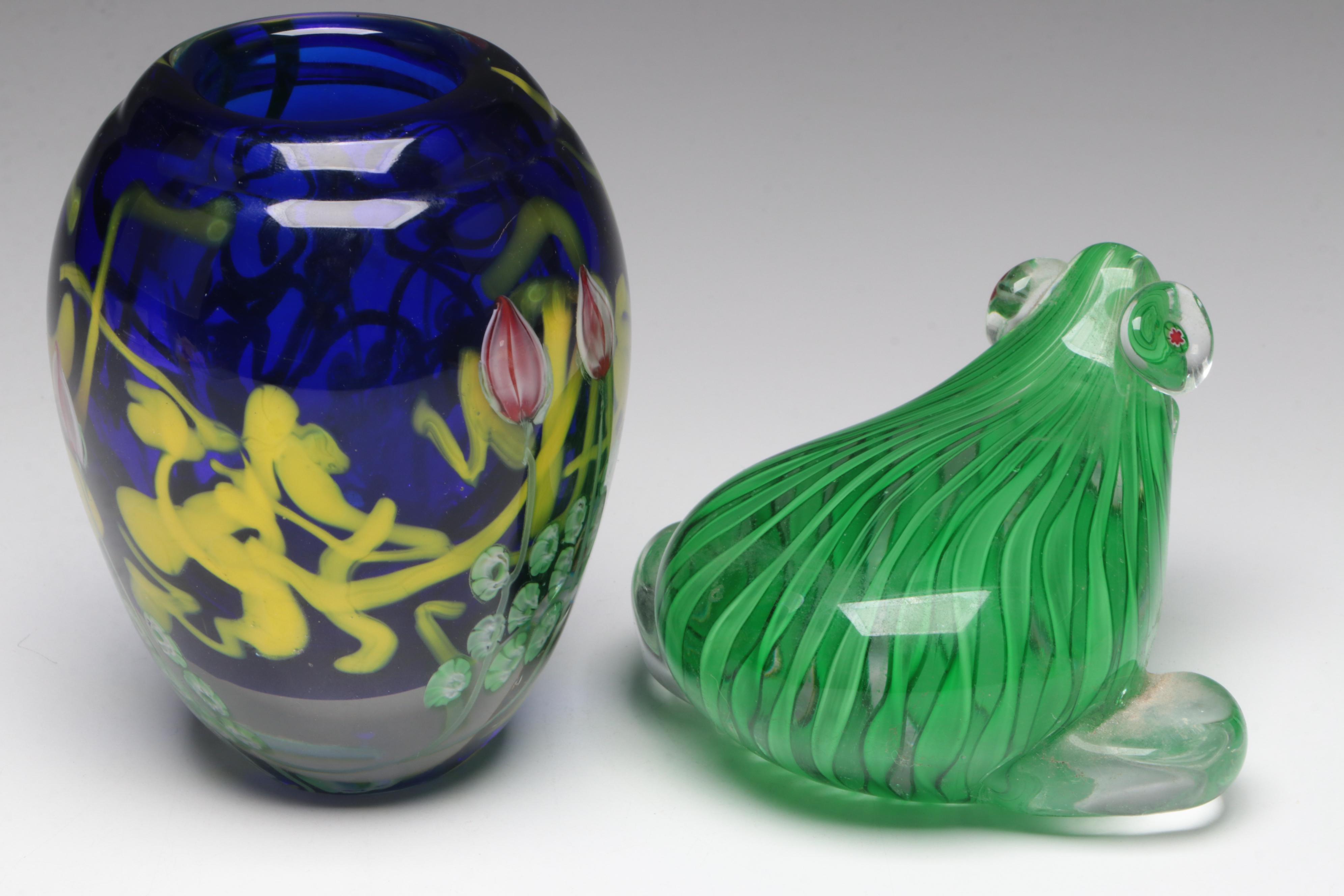 Tulip Motif Glass Vase with Murano Style Glass Frog Paperweight and More