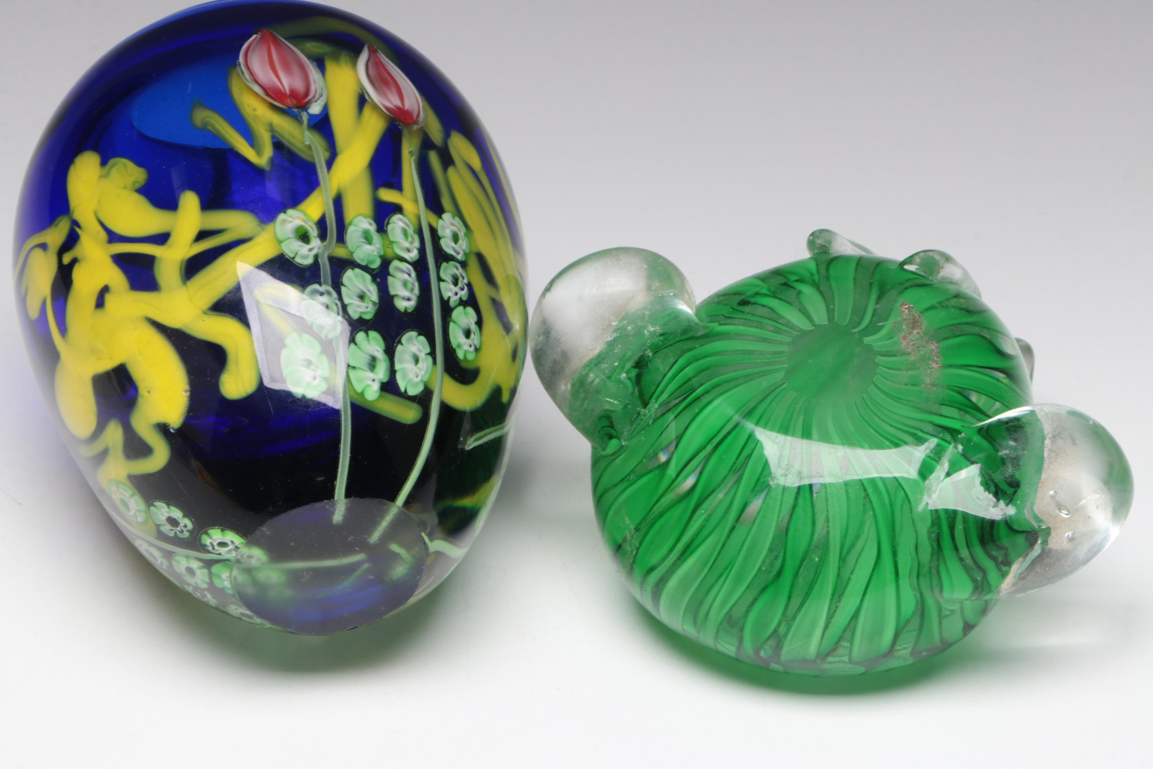Tulip Motif Glass Vase with Murano Style Glass Frog Paperweight and More